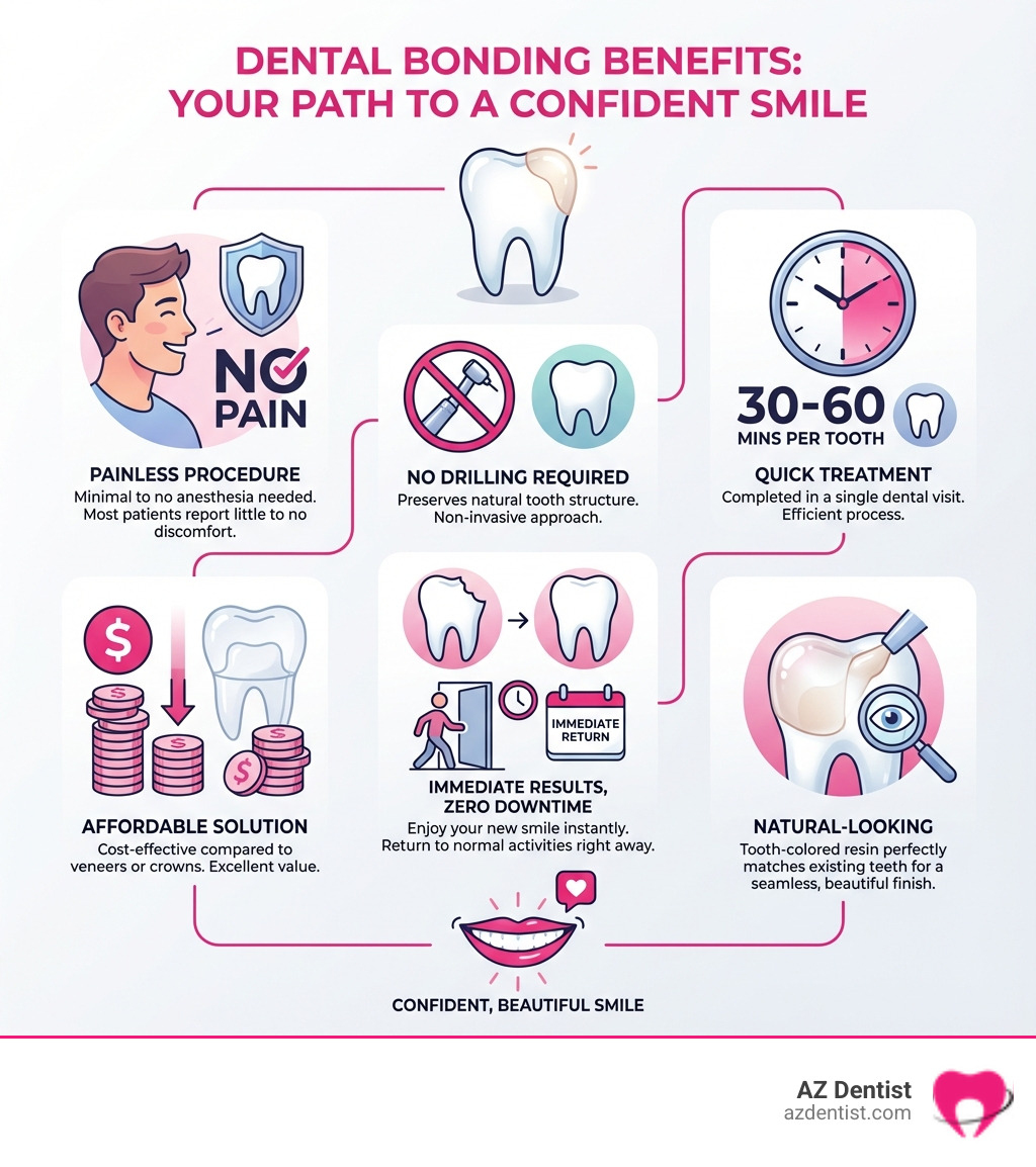 Infographic showing dental bonding benefits: painless procedure with no drilling required, quick 30-60 minute treatment per tooth, affordable compared to veneers or crowns, immediate results with zero downtime, and natural-looking tooth-colored resin that blends seamlessly with existing teeth - does dental bonding hurt infographic 