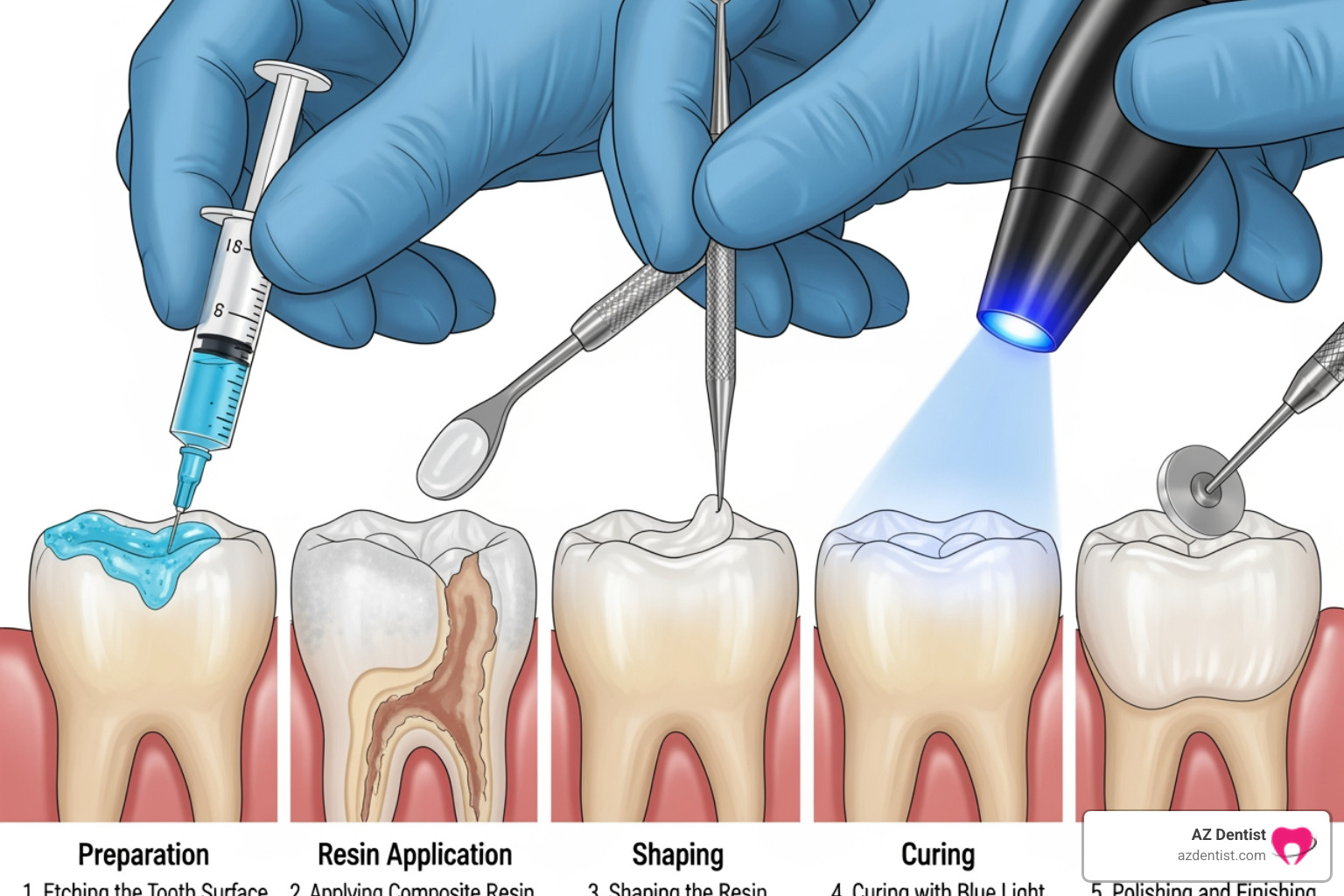 Illustration showing the steps of dental bonding from tooth preparation, resin application, shaping, curing with light, and final polishing - does dental bonding hurt