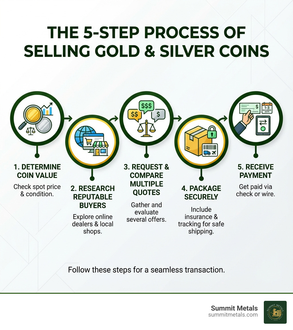 infographic showing the five-step process of selling gold and silver coins: 1) determine coin value by checking spot price and condition, 2) research reputable buyers including online dealers and local shops, 3) request and compare multiple quotes, 4) package coins securely with insurance and tracking, 5) receive payment via check or wire transfer within 1-3 business days - how to sell my gold and silver coins infographic 