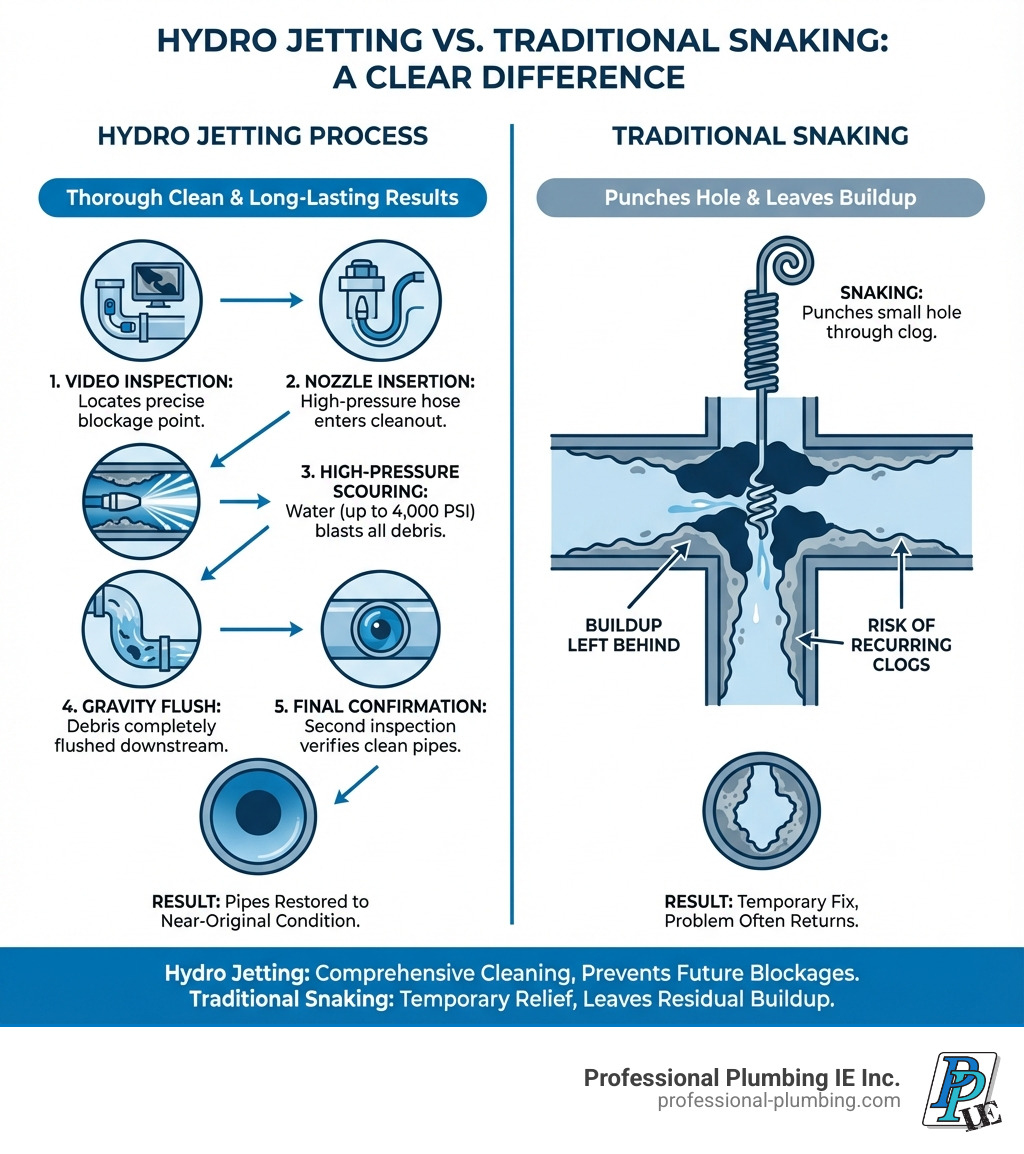 Infographic showing hydro jetting process: 1) Video camera inspects pipe to locate blockage, 2) High-pressure water nozzle inserted through cleanout, 3) Water pressure up to 4,000 PSI scours pipe walls, 4) Debris flushed downstream using gravity, 5) Final inspection confirms clean pipes - compared side-by-side with traditional snaking which only punches hole through clog leaving buildup behind - Hydro jetting Riverside infographic Infographic showing hydro jetting process: 1) Video camera inspects pipe to locate blockage, 2) High-pressure water nozzle inserted through cleanout, 3) Water pressure up to 4,000 PSI scours pipe walls, 4) Debris flushed downstream using gravity, 5) Final inspection confirms clean pipes - compared side-by-side with traditional snaking which only punches hole through clog leaving buildup behind - Hydro jetting Riverside infographic