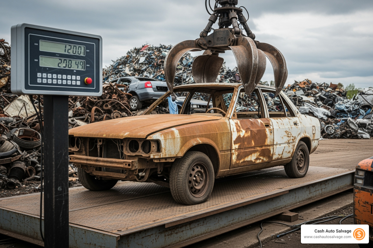 scale weighing car at junkyard - tow a car to junkyard