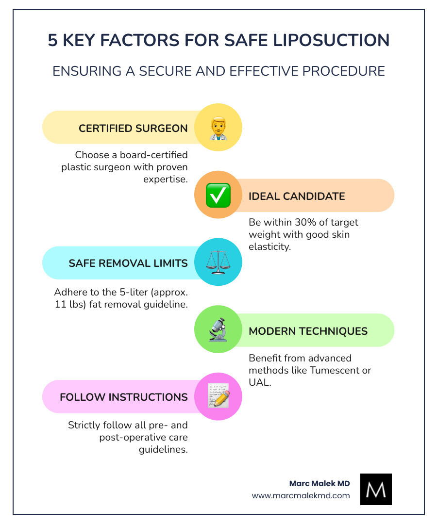 Infographic showing the five key factors for safe liposuction: choosing a board-certified plastic surgeon, being a good candidate with stable weight and good skin elasticity, staying within safe fat removal limits of 5 liters, using modern techniques like tumescent or ultrasound-assisted liposuction, and following all pre-operative and post-operative care instructions - Is liposuction safe infographic infographic-line-5-steps-colors Infographic showing the five key factors for safe liposuction: choosing a board-certified plastic surgeon, being a good candidate with stable weight and good skin elasticity, staying within safe fat removal limits of 5 liters, using modern techniques like tumescent or ultrasound-assisted liposuction, and following all pre-operative and post-operative care instructions - Is liposuction safe infographic infographic-line-5-steps-colors