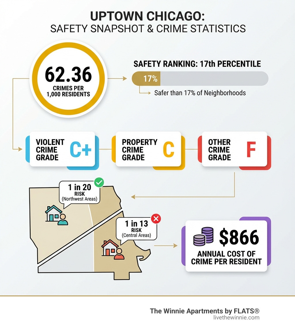 Infographic showing Uptown crime statistics: 62.36 crimes per 1,000 residents, 17th percentile safety ranking, violent crime grade C+, property crime grade C, other crime grade F, with geographic breakdown showing northwest areas at 1 in 20 risk versus central areas at 1 in 13 risk, and annual cost of crime at $866 per resident - is the uptown neighborhood in chicago safe infographic 