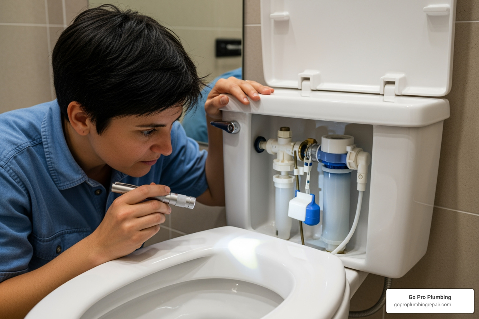 person looking into toilet tank - repair a toilet