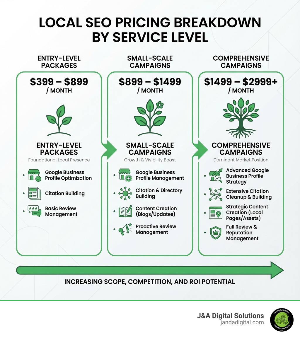 infographic showing local seo pricing breakdown by service level, including entry-level packages at $399-899/month, small-scale campaigns at $899-1499/month, and comprehensive campaigns at $1499-2999+/month, with key services like Google Business Profile optimization, citation building, content creation, and review management - local seo prices infographic infographic showing local seo pricing breakdown by service level, including entry-level packages at $399-899/month, small-scale campaigns at $899-1499/month, and comprehensive campaigns at $1499-2999+/month, with key services like Google Business Profile optimization, citation building, content creation, and review management - local seo prices infographic
