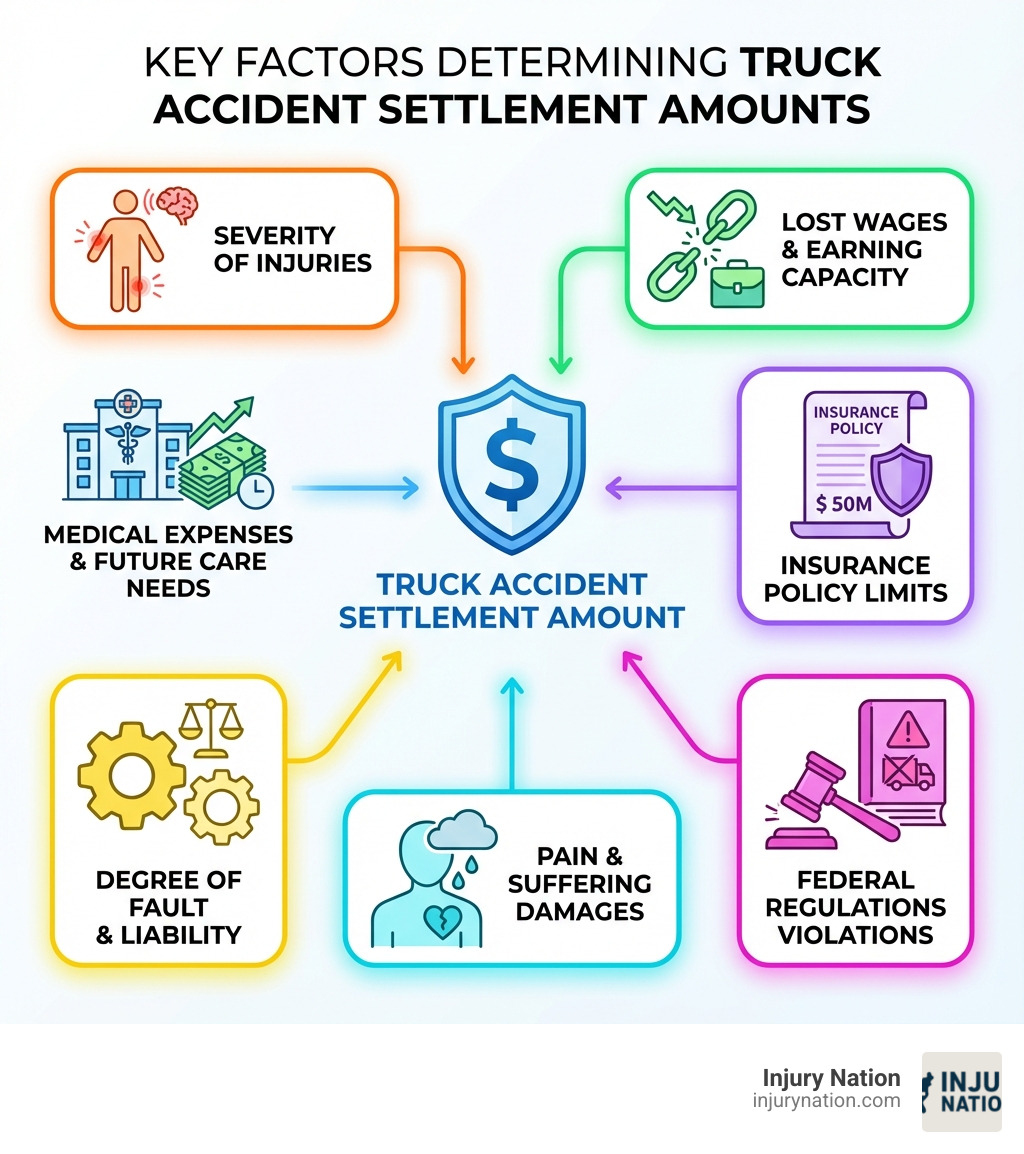 infographic showing the key factors determining truck accident settlement amounts: severity of injuries, medical expenses and future care needs, lost wages and earning capacity, insurance policy limits, degree of fault and liability, pain and suffering damages, and whether federal regulations were violated - Truck accident compensation infographic 