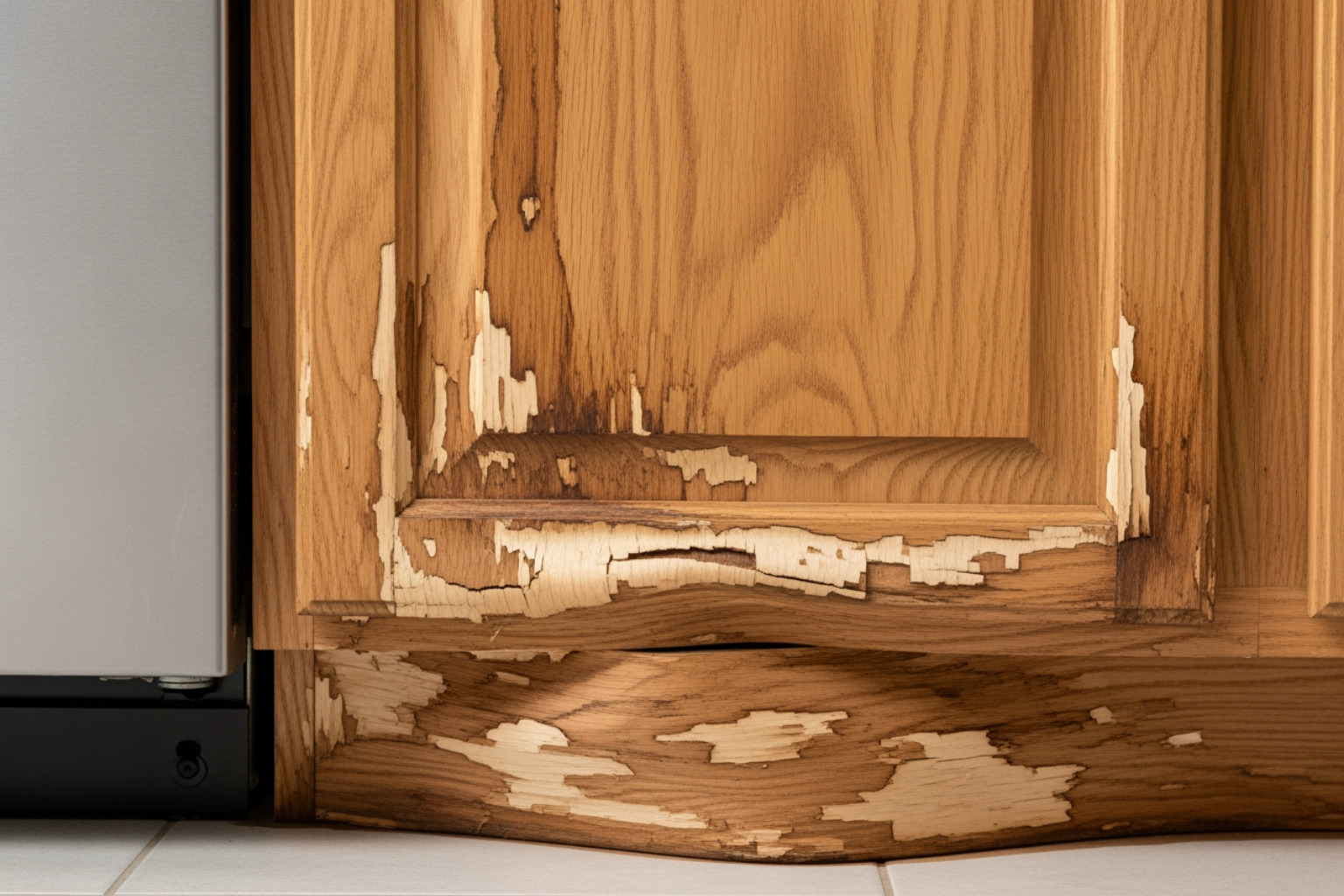 Warped wooden cabinet base next to a dishwasher - Dishwasher leak damage Warped wooden cabinet base next to a dishwasher - Dishwasher leak damage