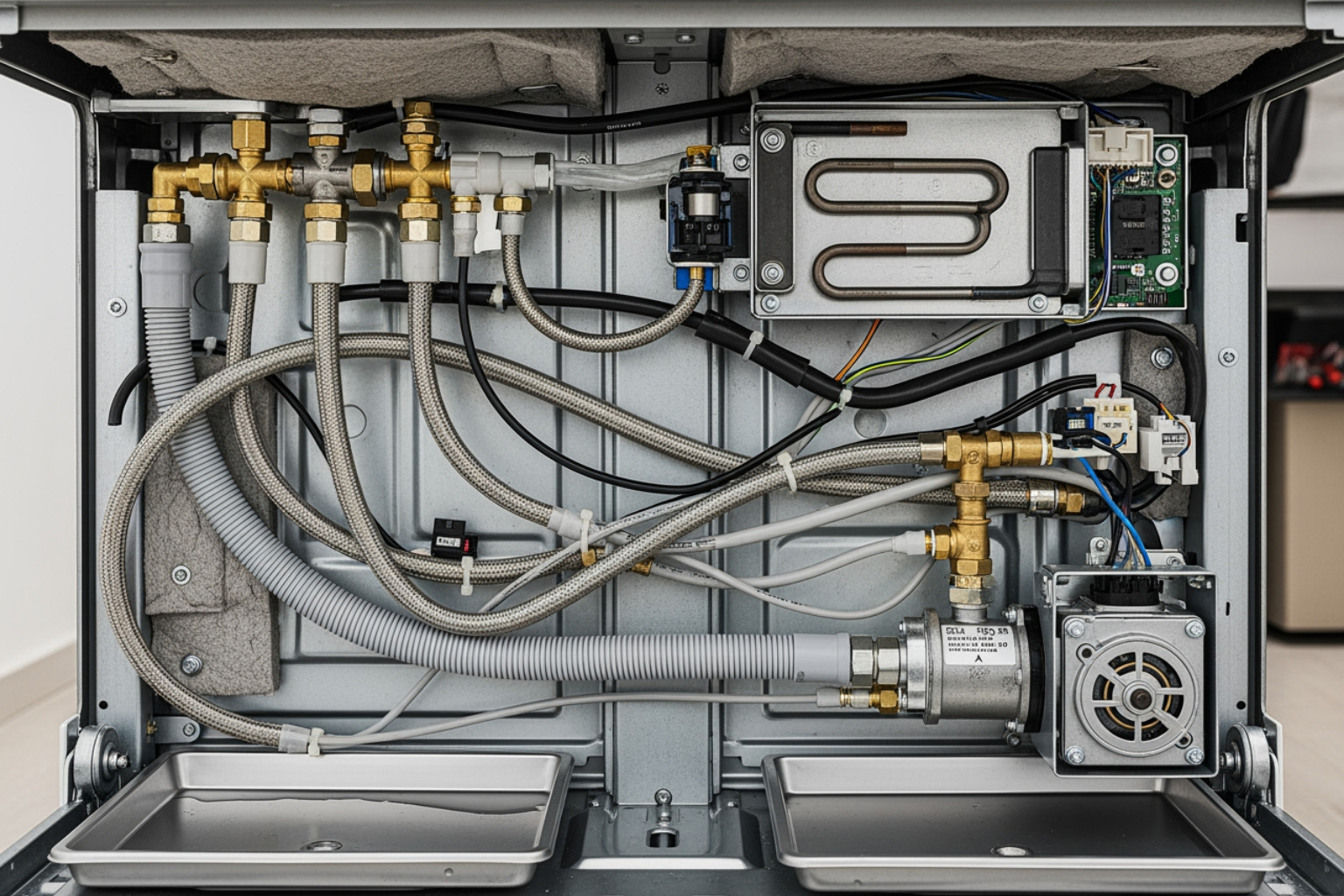 Underside of a dishwasher showing hoses and connections - Dishwasher leak damage Underside of a dishwasher showing hoses and connections - Dishwasher leak damage