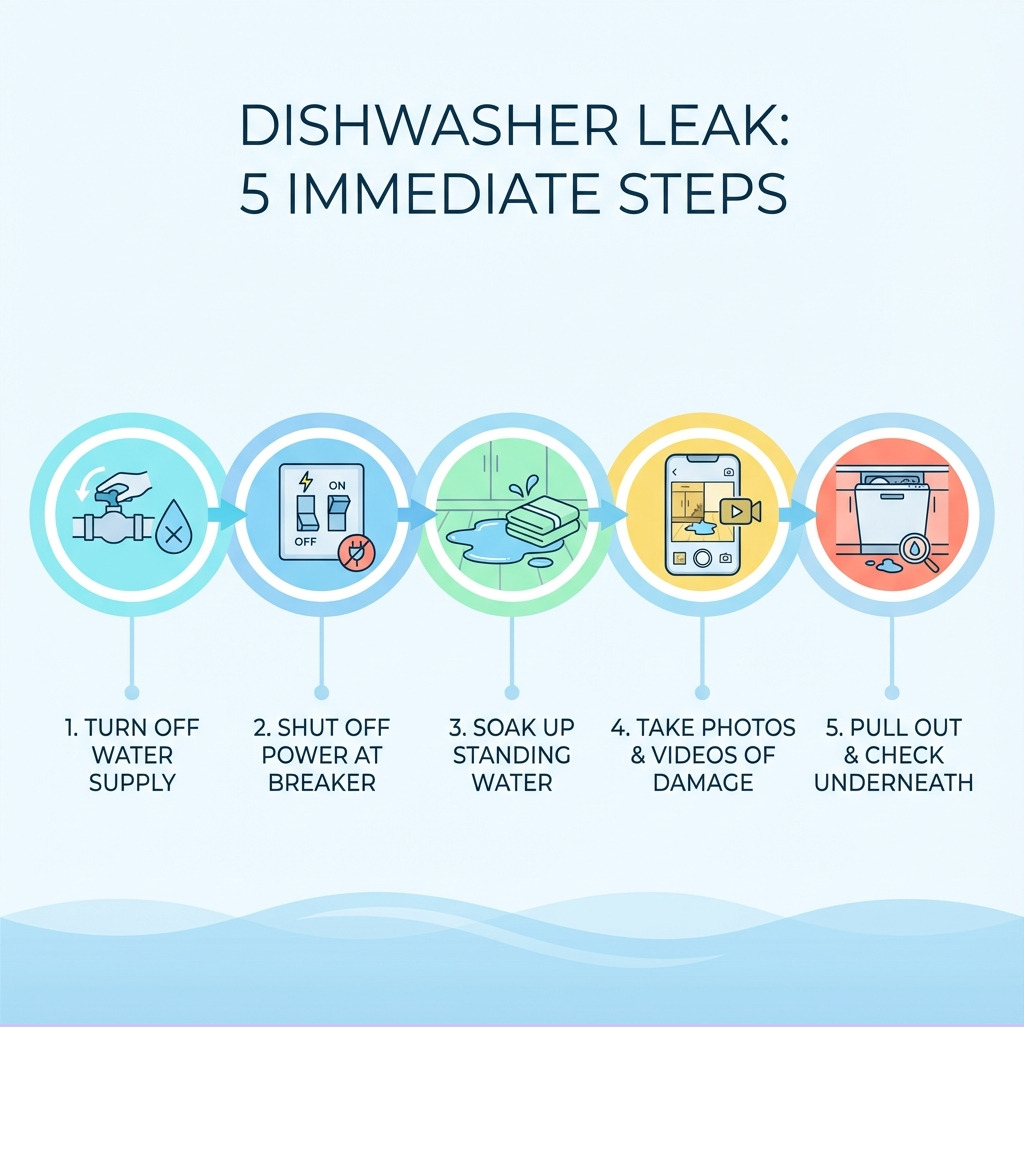 Infographic showing 5 immediate steps when you discover a dishwasher leak: 1. Turn off water supply valve to the dishwasher, 2. Shut off power at the circuit breaker, 3. Soak up standing water with towels, 4. Take photos and videos of all damage, 5. Pull out the dishwasher to check for hidden water underneath - Dishwasher leak damage infographic Infographic showing 5 immediate steps when you discover a dishwasher leak: 1. Turn off water supply valve to the dishwasher, 2. Shut off power at the circuit breaker, 3. Soak up standing water with towels, 4. Take photos and videos of all damage, 5. Pull out the dishwasher to check for hidden water underneath - Dishwasher leak damage infographic