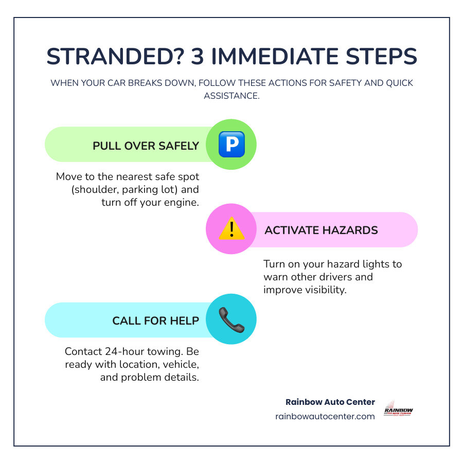 Infographic showing three immediate steps when your car breaks down: 1. Pull Over Safely to the shoulder or parking lot, turn off the engine. 2. Turn on Hazards to alert other drivers and increase your visibility. 3. Call for Help by contacting a 24-hour towing service, providing your location and vehicle details. - 24 hour tow truck services near me infographic infographic-line-3-steps-colors