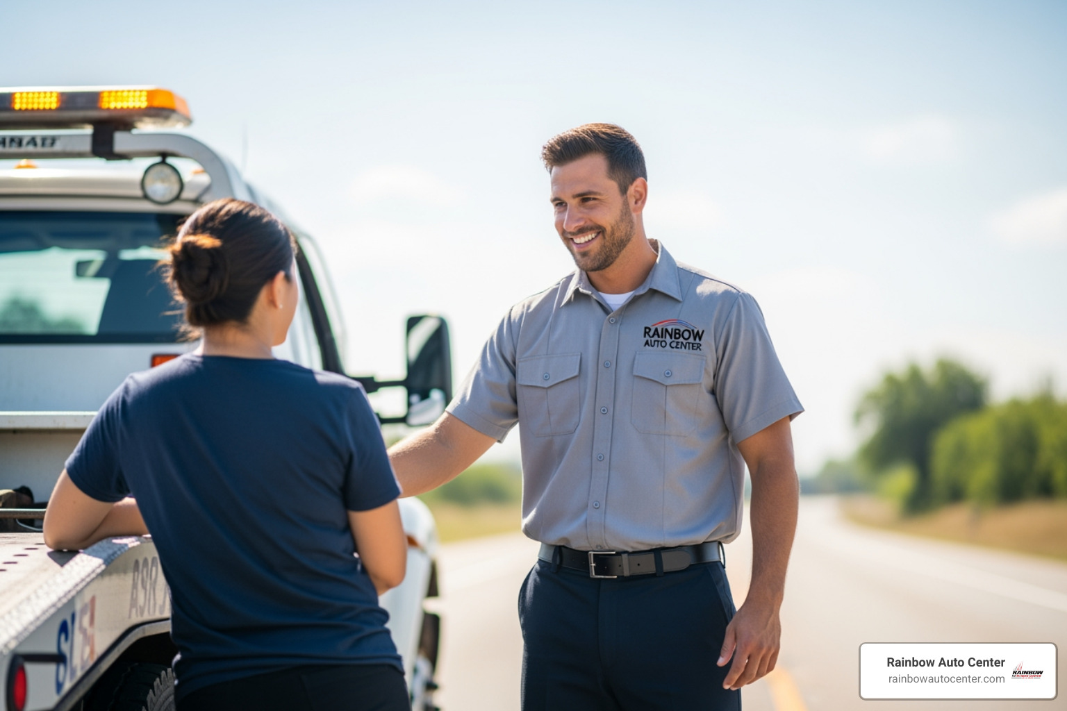 Rainbow Auto Center tow truck operator assisting a driver with a friendly smile - 24 hour tow truck services near me