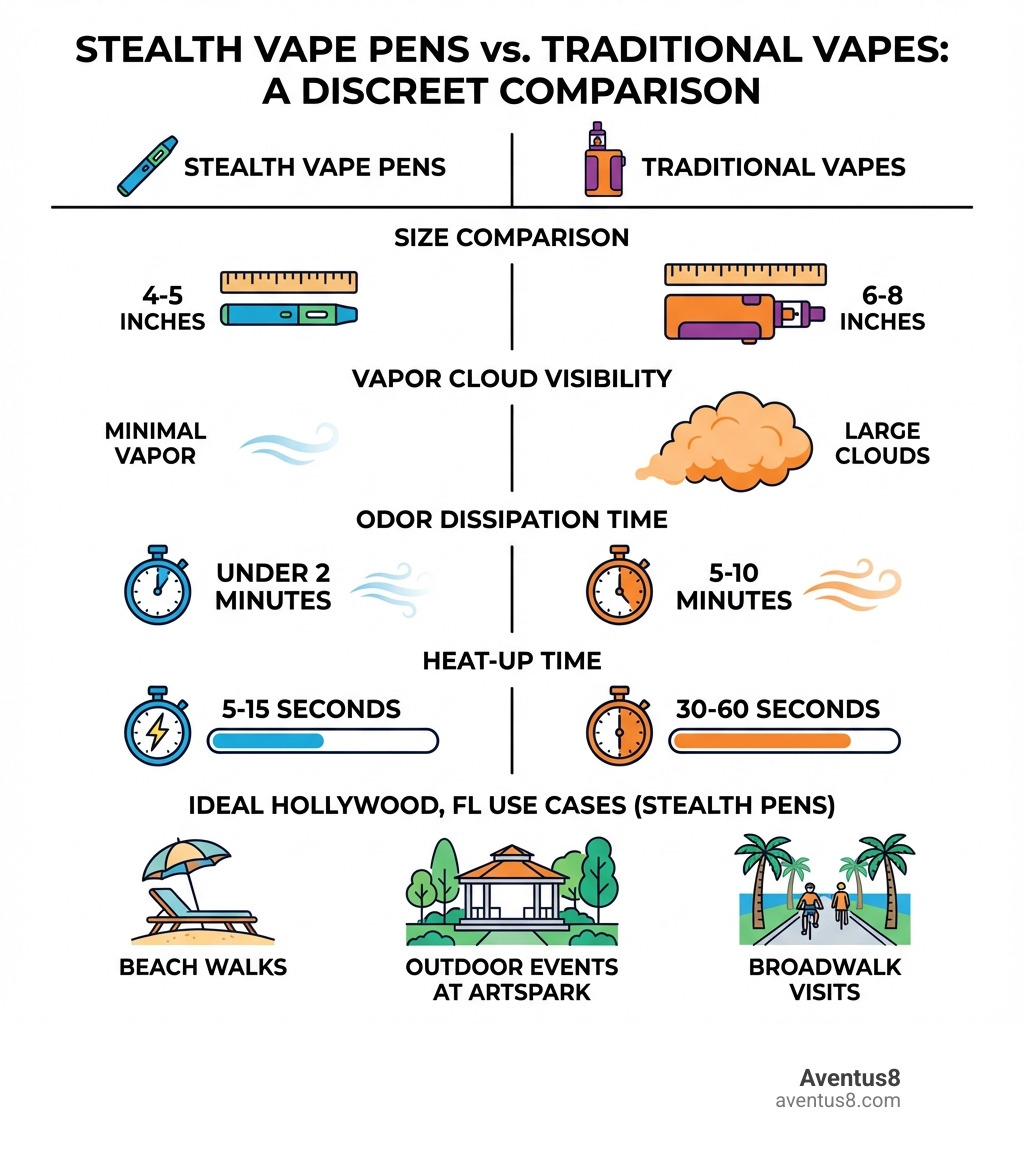 infographic showing comparison between stealth vape pens and traditional vapes, featuring key metrics: size comparison (stealth pens 4-5 inches vs traditional 6-8 inches), vapor cloud visibility (minimal vs large), odor dissipation time (under 2 minutes vs 5-10 minutes), heat-up time (5-15 seconds vs 30-60 seconds), and ideal Hollywood FL use cases like beach walks, outdoor events at ArtsPark, and Broadwalk visits - Best discreet vape pen infographic infographic showing comparison between stealth vape pens and traditional vapes, featuring key metrics: size comparison (stealth pens 4-5 inches vs traditional 6-8 inches), vapor cloud visibility (minimal vs large), odor dissipation time (under 2 minutes vs 5-10 minutes), heat-up time (5-15 seconds vs 30-60 seconds), and ideal Hollywood FL use cases like beach walks, outdoor events at ArtsPark, and Broadwalk visits - Best discreet vape pen infographic