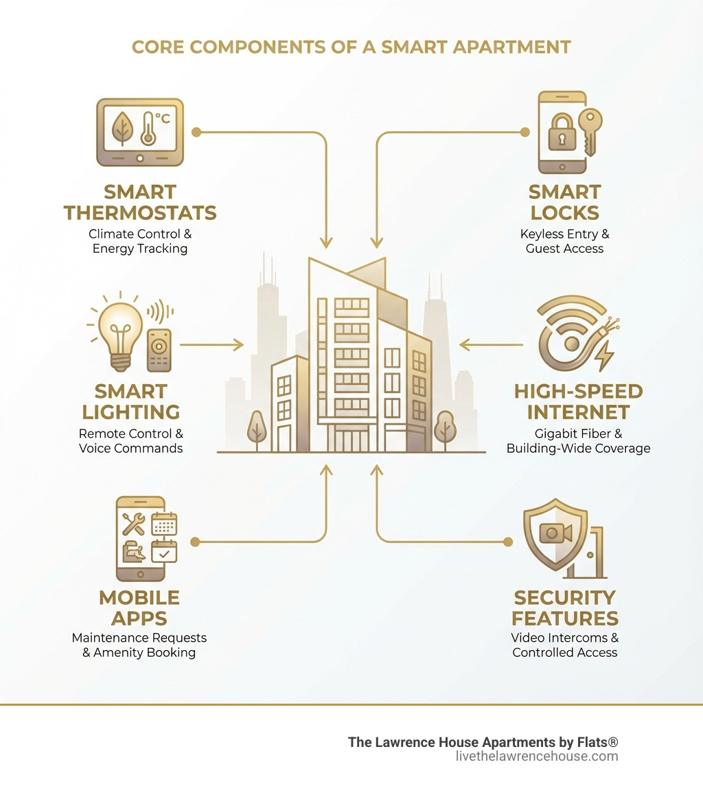 Infographic showing the core components of a smart apartment: a central diagram with connected icons representing smart thermostats (climate control and energy tracking), smart locks (keyless entry and guest access), smart lighting (remote control and voice commands), high-speed internet (gigabit fiber and building-wide coverage), mobile apps (maintenance requests and amenity booking), and security features (video intercoms and controlled access) - Smart Home Apartments Chicago infographic Infographic showing the core components of a smart apartment: a central diagram with connected icons representing smart thermostats (climate control and energy tracking), smart locks (keyless entry and guest access), smart lighting (remote control and voice commands), high-speed internet (gigabit fiber and building-wide coverage), mobile apps (maintenance requests and amenity booking), and security features (video intercoms and controlled access) - Smart Home Apartments Chicago infographic