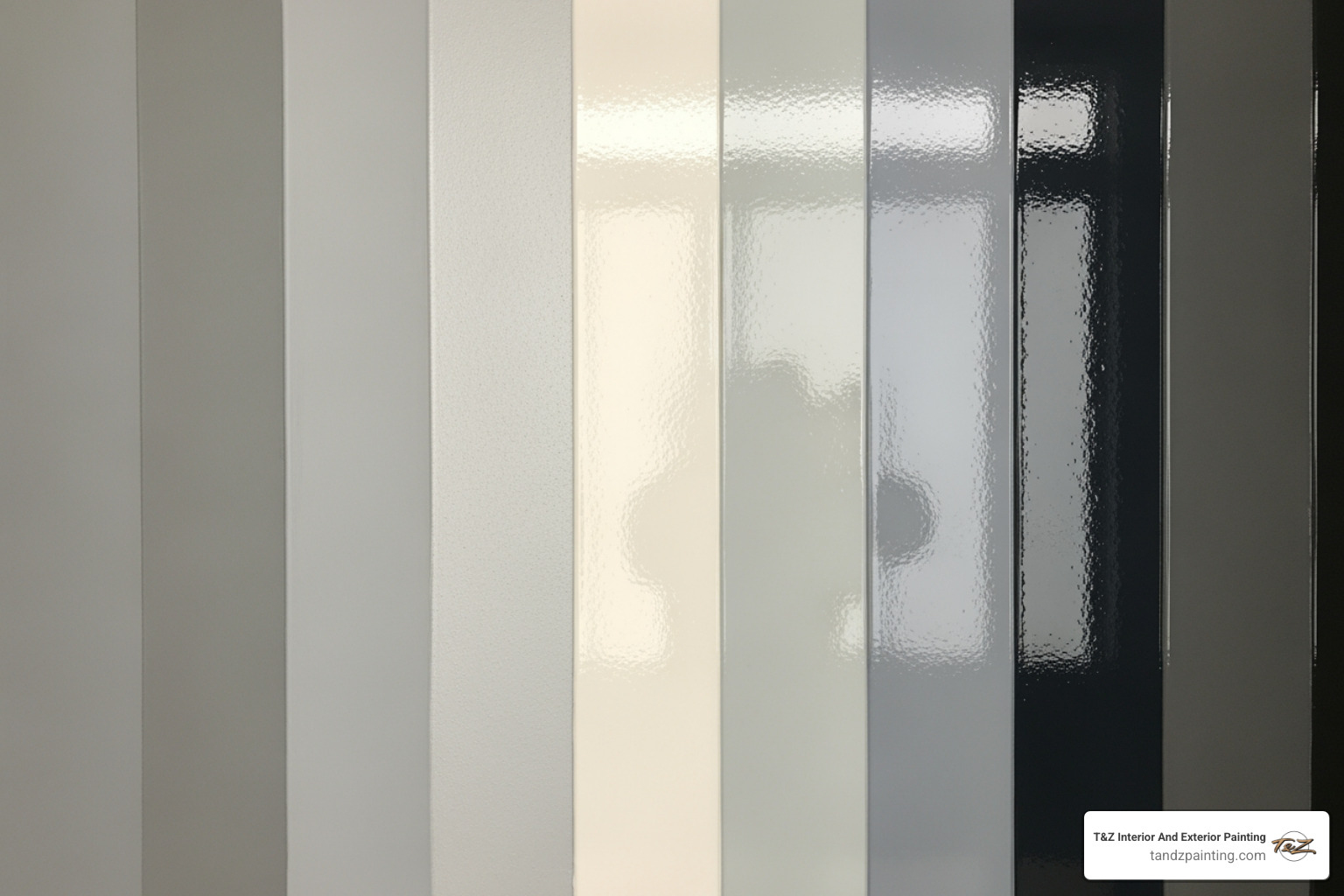 wall showing a gradient of different paint sheens from matte to high-gloss - house painter service