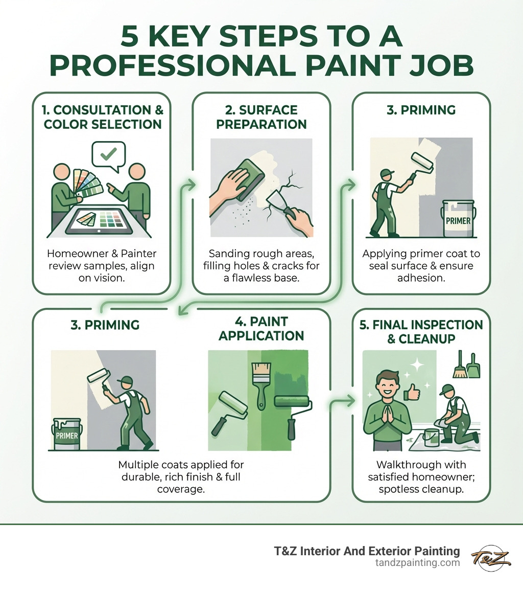 infographic showing the 5 key steps to a professional paint job: 1. Consultation and Color Selection with homeowner and painter reviewing samples, 2. Surface Preparation showing sanding and filling holes, 3. Priming with a painter applying primer coat, 4. Paint Application showing multiple coats being applied, 5. Final Inspection and Cleanup with satisfied homeowner - house painter service infographic 
