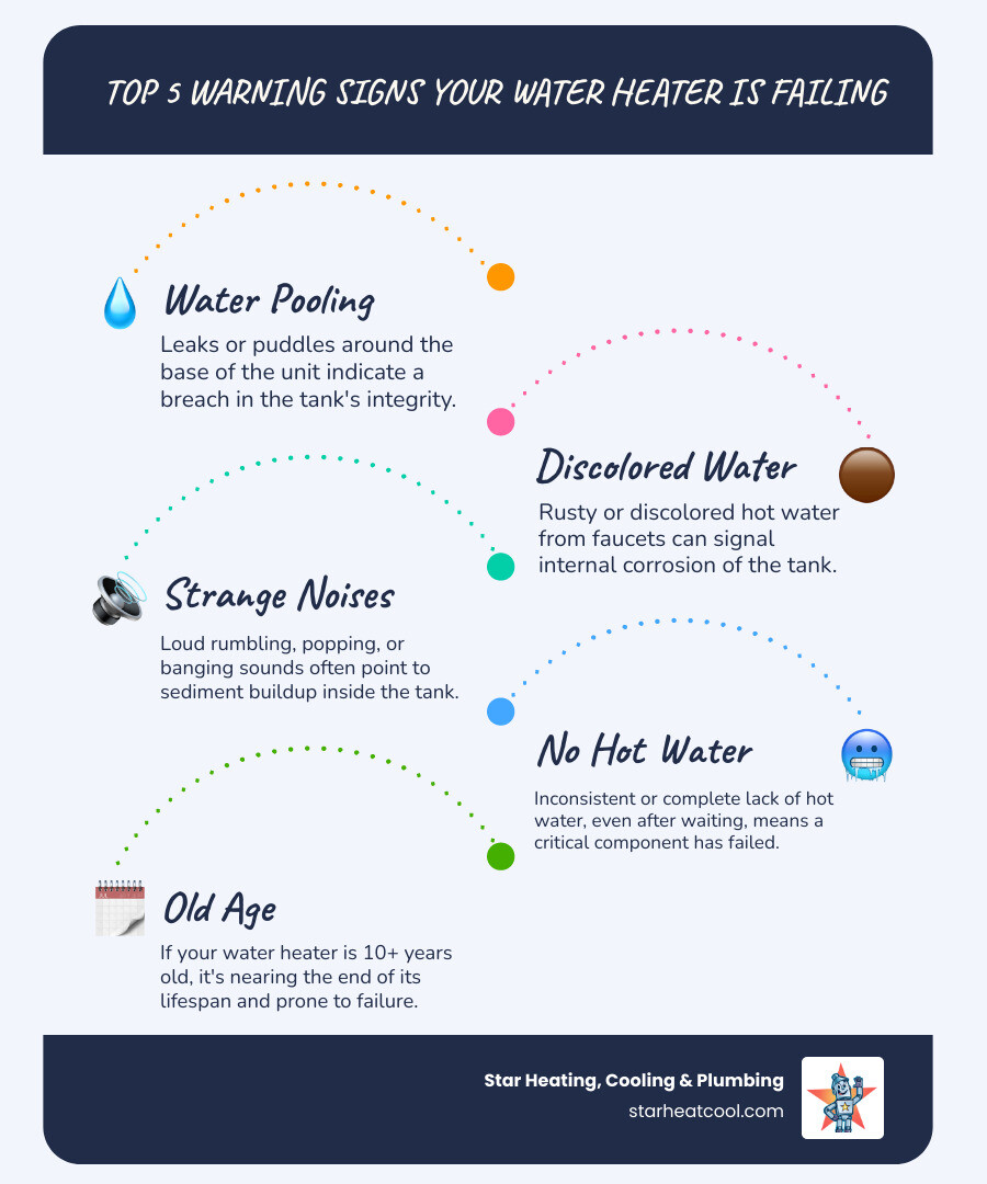 Don't Get Left in the Cold: Fast Water Heater Installation in Carmel 2 Infographic showing the top 5 warning signs your water heater is about to fail: pooling water around the base, rusty or discolored hot water, loud rumbling or popping sounds from the tank, inconsistent or no hot water, and a unit that's 10 plus years old - water heater installation in carmel, in infographic infographic-line-5-steps-blues-accent_colors