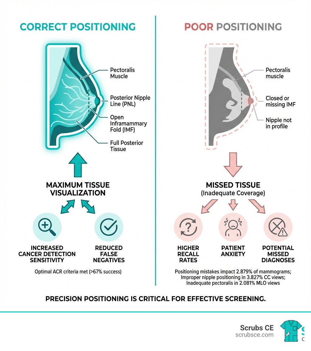 Infographic showing the impact of proper mammography positioning techniques: correct positioning leads to maximum tissue visualization (including pectoralis muscle to PNL, open IMF, and posterior tissue), which increases cancer detection sensitivity and reduces false negatives, while poor positioning results in missed tissue, higher recall rates, patient anxiety, and potential missed diagnoses - Mammography positioning techniques infographic Infographic showing the impact of proper mammography positioning techniques: correct positioning leads to maximum tissue visualization (including pectoralis muscle to PNL, open IMF, and posterior tissue), which increases cancer detection sensitivity and reduces false negatives, while poor positioning results in missed tissue, higher recall rates, patient anxiety, and potential missed diagnoses - Mammography positioning techniques infographic