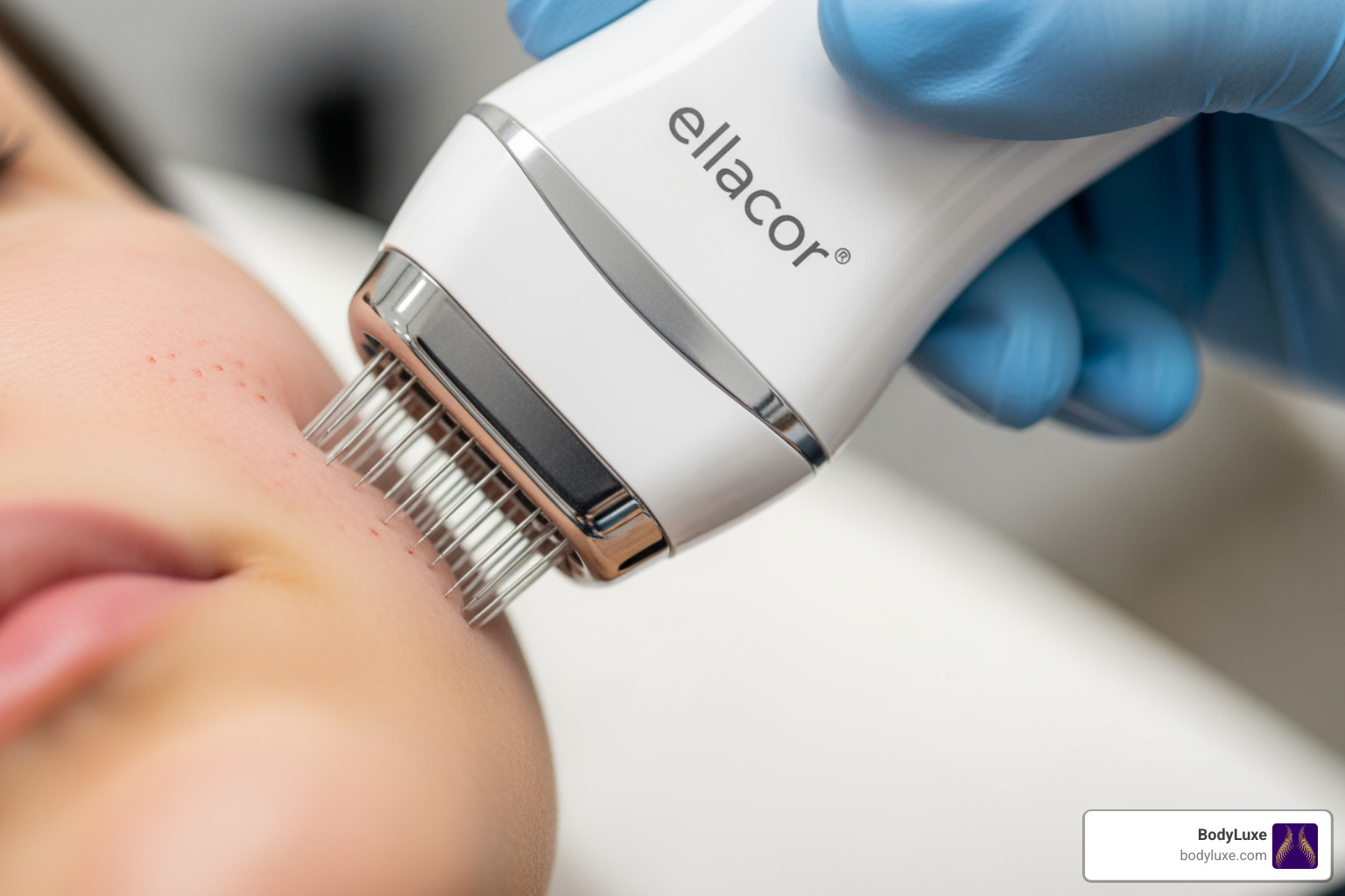Close-up image of the Ellacor device handpiece being used on a patient's cheek area, demonstrating the precision of the micro-coring technology - how much does ellacor cost Close-up image of the Ellacor device handpiece being used on a patient's cheek area, demonstrating the precision of the micro-coring technology - how much does ellacor cost