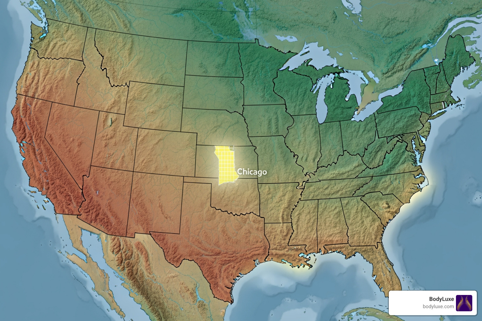 Map of the US with Chicago highlighted, demonstrating how geographic location can influence the cost of aesthetic procedures like Ellacor - how much does ellacor cost Map of the US with Chicago highlighted, demonstrating how geographic location can influence the cost of aesthetic procedures like Ellacor - how much does ellacor cost