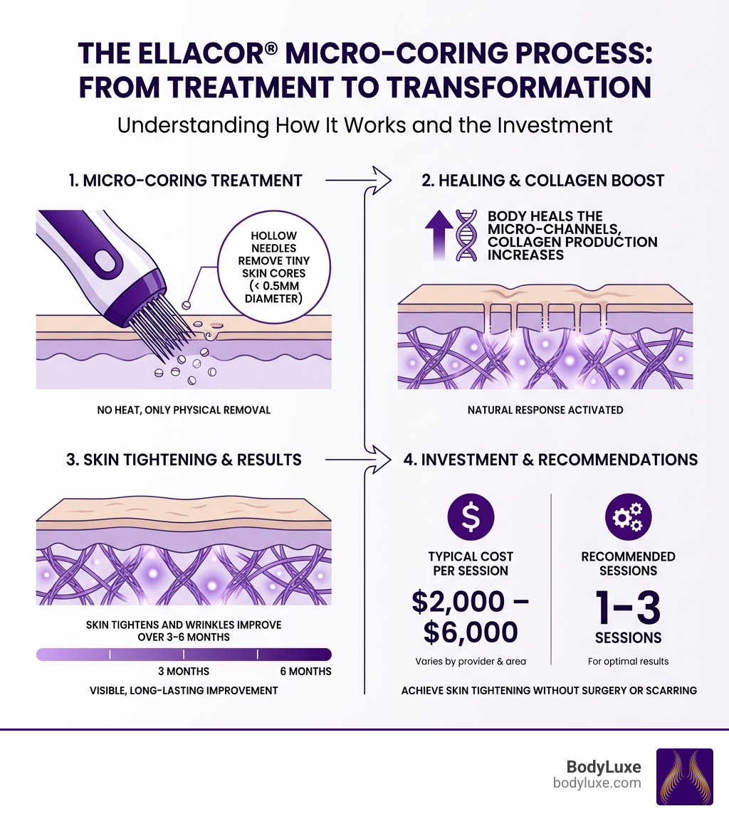 Infographic showing Ellacor micro-coring process: hollow needles remove tiny skin cores (less than 0.5mm diameter), body heals the micro-channels, collagen production increases, skin tightens and wrinkles improve over 3-6 months, with typical costs of $2,000-$6,000 per session and 1-3 sessions recommended - how much does ellacor cost infographic Infographic showing Ellacor micro-coring process: hollow needles remove tiny skin cores (less than 0.5mm diameter), body heals the micro-channels, collagen production increases, skin tightens and wrinkles improve over 3-6 months, with typical costs of $2,000-$6,000 per session and 1-3 sessions recommended - how much does ellacor cost infographic