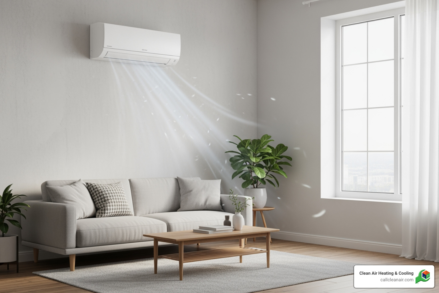 A sleek, modern ductless mini-split unit is mounted high on a wall in a contemporary living space, providing quiet and efficient climate control - HVAC Services Island County A sleek, modern ductless mini-split unit is mounted high on a wall in a contemporary living space, providing quiet and efficient climate control - HVAC Services Island County