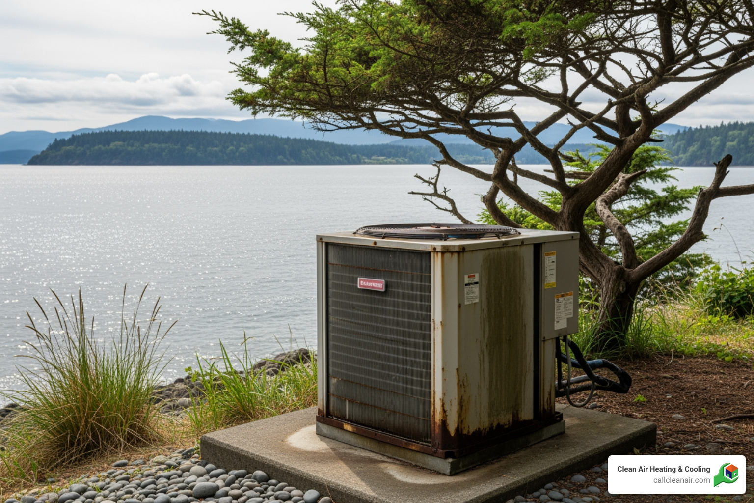 An outdoor HVAC unit sits near the coastline of Island County, with the Puget Sound and evergreen trees in the background, highlighting the local climate's impact on equipment - HVAC Services Island County An outdoor HVAC unit sits near the coastline of Island County, with the Puget Sound and evergreen trees in the background, highlighting the local climate's impact on equipment - HVAC Services Island County