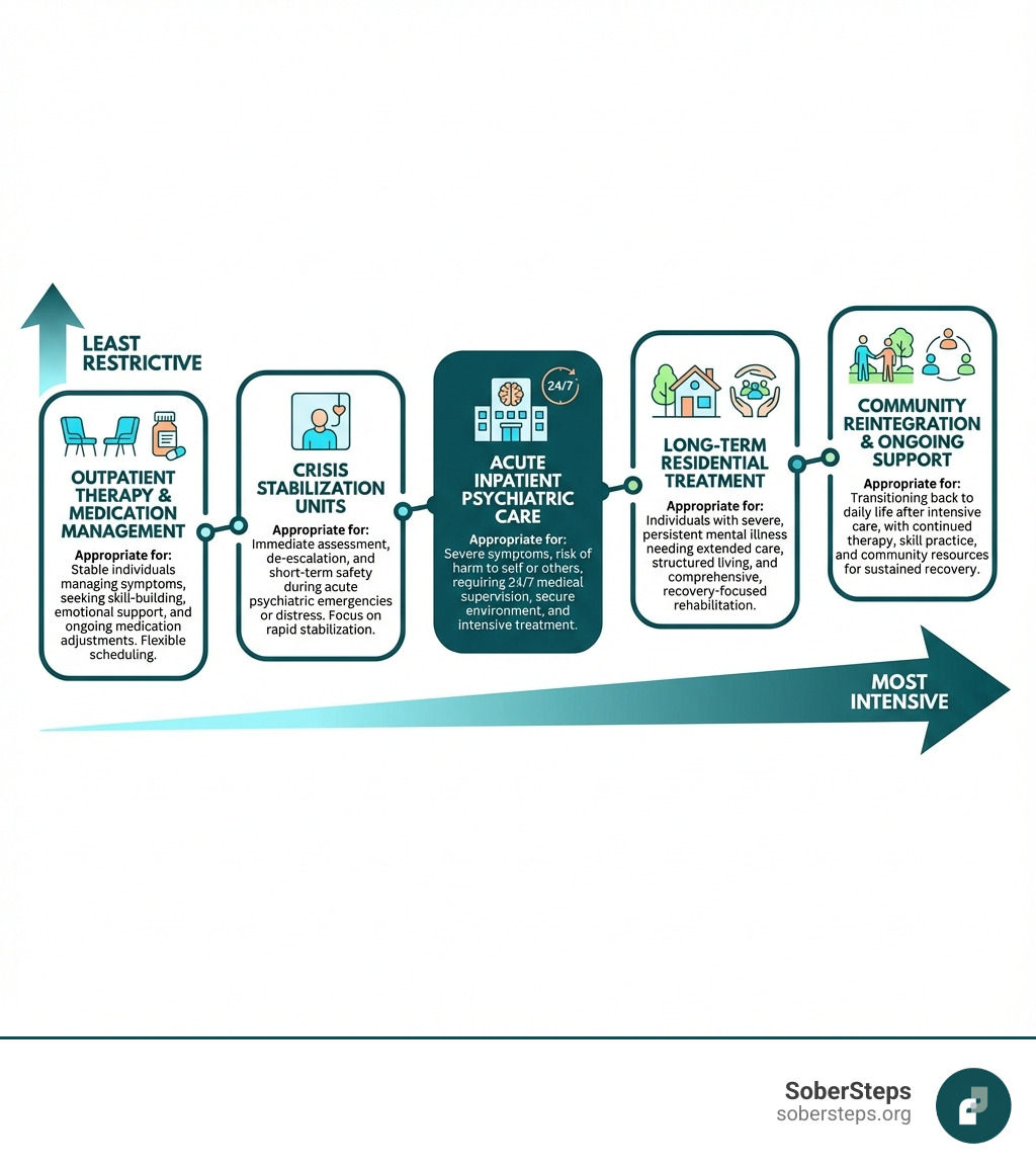 infographic showing the continuum of mental health care from least restrictive (outpatient therapy, medication management) to most intensive (crisis stabilization units, acute inpatient psychiatric care, long-term residential treatment), with descriptions of when each level is appropriate - mental institution infographic 
