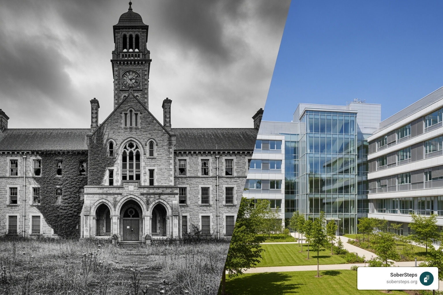 old asylum vs modern psychiatric facility - mental institution