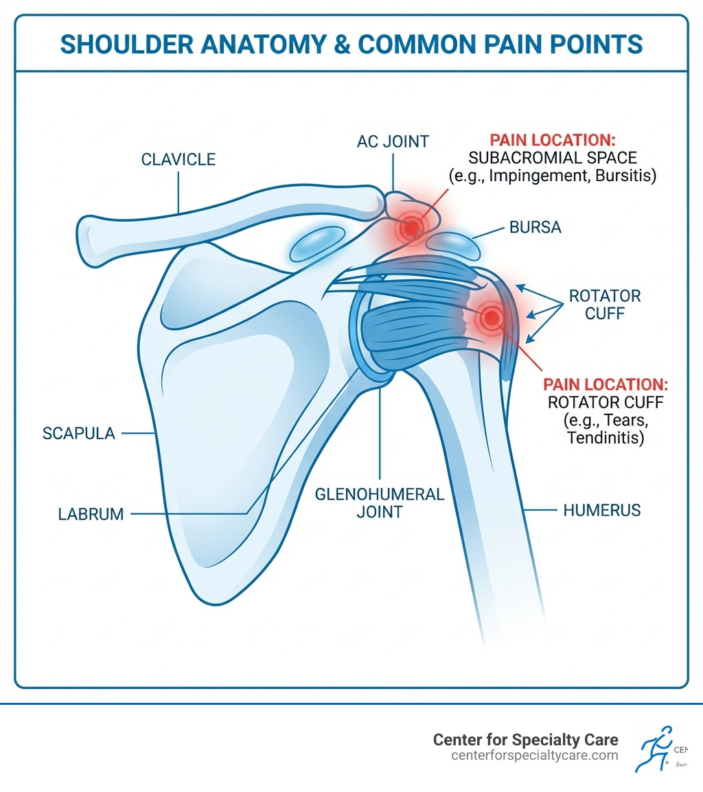 Infographic showing the main anatomical structures of the shoulder joint including the humerus, scapula, clavicle, rotator cuff, AC joint, glenohumeral joint, bursa, and labrum, with common pain locations marked in the subacromial space and around the rotator cuff - Orthopedic shoulder pain infographic Infographic showing the main anatomical structures of the shoulder joint including the humerus, scapula, clavicle, rotator cuff, AC joint, glenohumeral joint, bursa, and labrum, with common pain locations marked in the subacromial space and around the rotator cuff - Orthopedic shoulder pain infographic