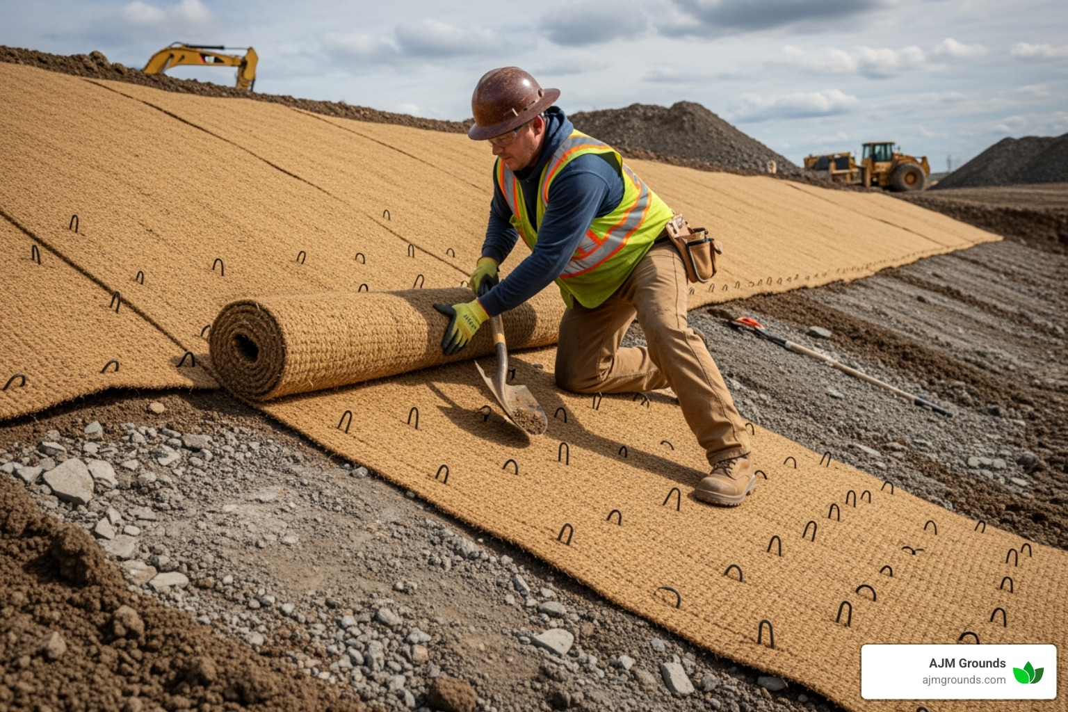 worker installing straw erosion control blanket - erosion control solution worker installing straw erosion control blanket - erosion control solution