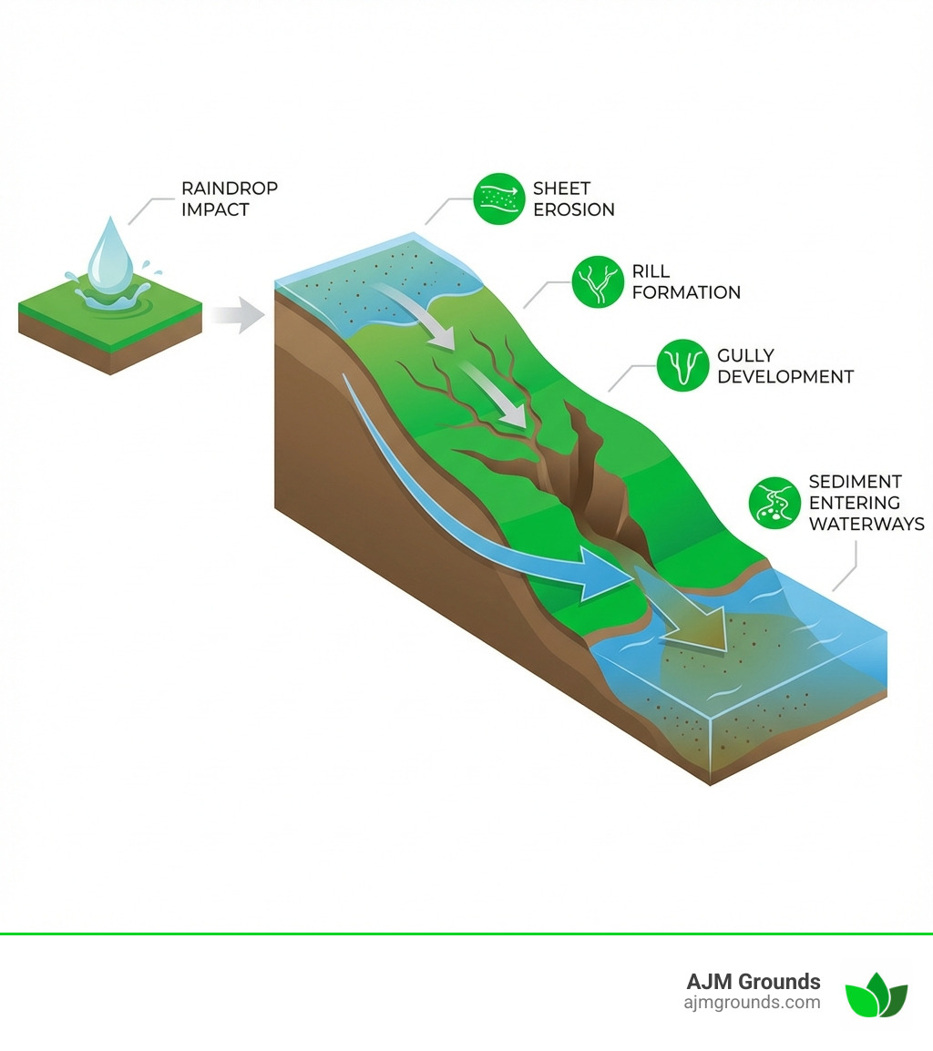 infographic showing soil erosion process from raindrop impact through surface runoff to sediment entering waterways, with labels for sheet erosion, rill formation, and gully development - erosion control solution infographic infographic showing soil erosion process from raindrop impact through surface runoff to sediment entering waterways, with labels for sheet erosion, rill formation, and gully development - erosion control solution infographic