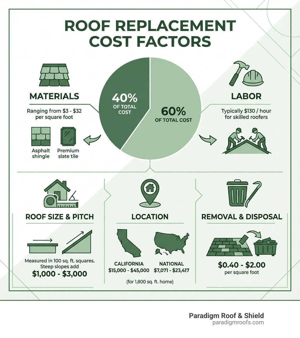 Infographic showing the 5 main roof replacement cost factors: Materials (40% of total cost, ranging from $3-$32 per square foot), Labor (60% of total cost, typically $130/hour), Roof Size & Pitch (measured in 100 sq. ft. squares, steep slopes add $1,000-$3,000), Location (California $15,000-$45,000 vs. National $7,071-$23,417 for 1,800 sq. ft. home), and Removal & Disposal ($0.40-$2.00 per square foot for tear-off) - roof replacement cost infographic Infographic showing the 5 main roof replacement cost factors: Materials (40% of total cost, ranging from $3-$32 per square foot), Labor (60% of total cost, typically $130/hour), Roof Size & Pitch (measured in 100 sq. ft. squares, steep slopes add $1,000-$3,000), Location (California $15,000-$45,000 vs. National $7,071-$23,417 for 1,800 sq. ft. home), and Removal & Disposal ($0.40-$2.00 per square foot for tear-off) - roof replacement cost infographic