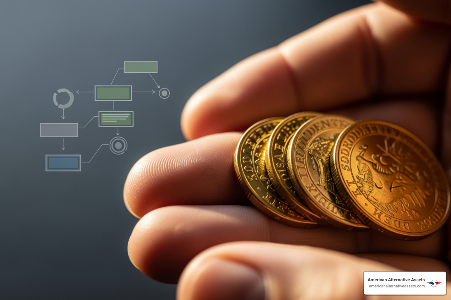 illustration of a hand holding gold coins and a flowchart showing steps for Gold IRA rollover - Gold IRA rollover