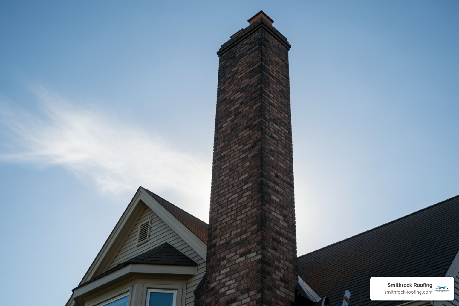 A tall brick chimney on a house, indicating potential challenges for liner replacement - cost to replace chimney liner A tall brick chimney on a house, indicating potential challenges for liner replacement - cost to replace chimney liner
