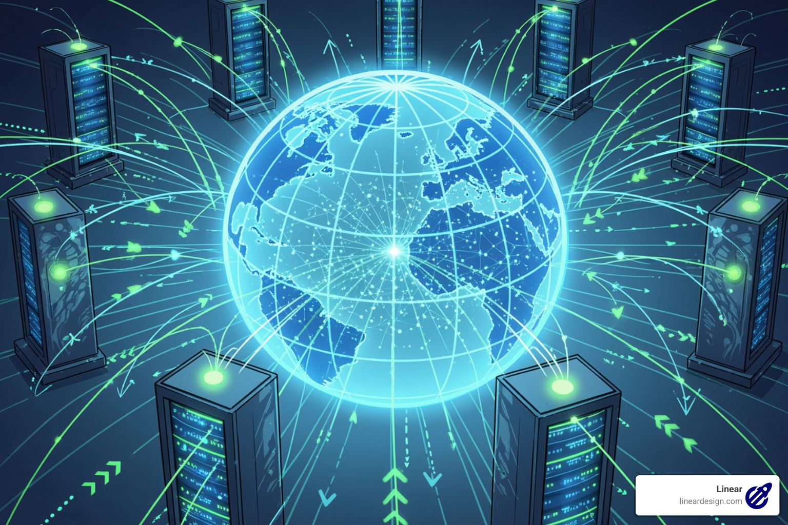 A stylized image of a global network with servers and data flowing between them, representing a Content Delivery Network (CDN). - website performance improvement