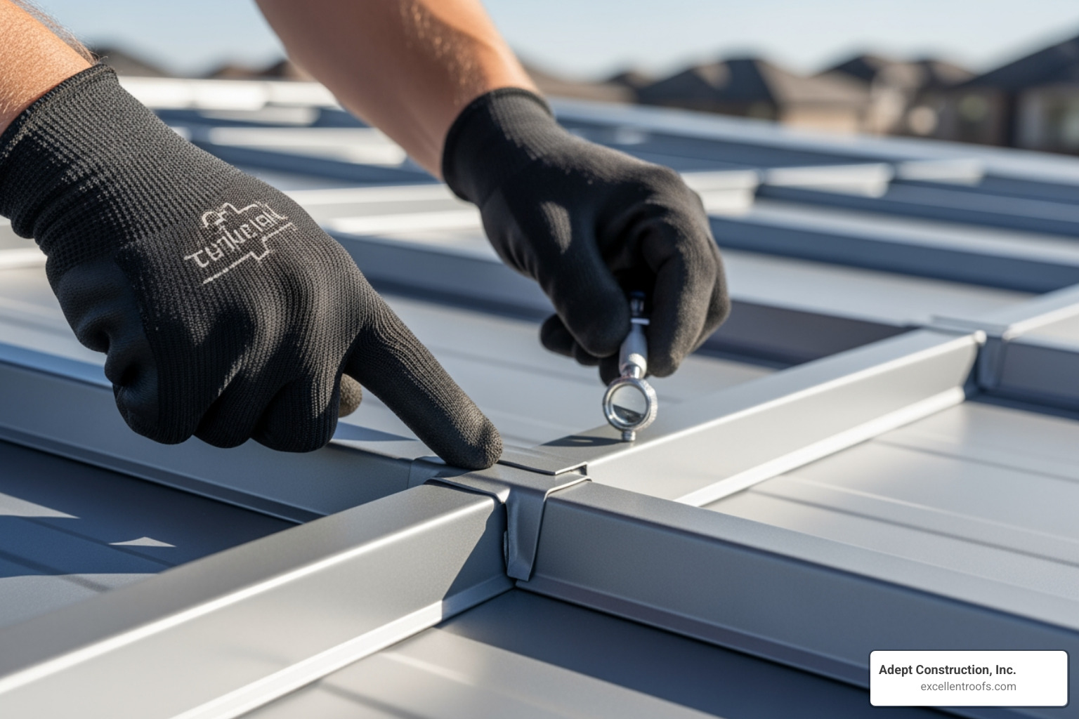 technician inspecting seams - residential metal roofing technician inspecting seams - residential metal roofing