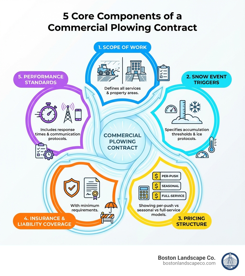 Infographic showing the 5 core components of a commercial plowing contract: 1. Scope of Work defining all services and property areas, 2. Snow Event Triggers specifying accumulation thresholds and ice protocols, 3. Pricing Structure showing per-push vs seasonal vs full-service models, 4. Insurance and Liability Coverage with minimum requirements, and 5. Performance Standards including response times and communication protocols - commercial plowing contract infographic 