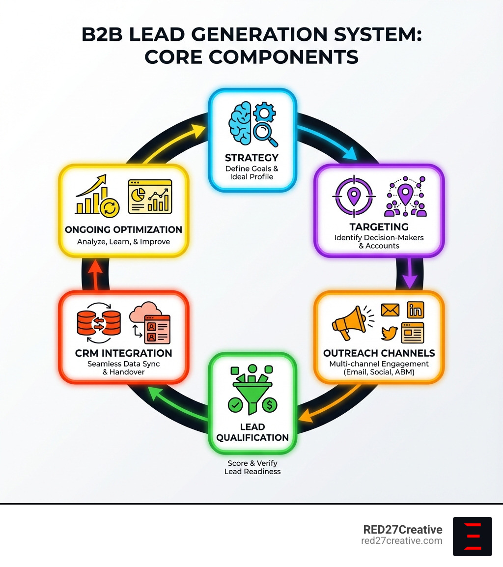 Infographic showing the core components of a successful B2B lead generation system including strategy, targeting, outreach channels, lead qualification, CRM integration, and ongoing optimization - B2B Lead Generation Services infographic Infographic showing the core components of a successful B2B lead generation system including strategy, targeting, outreach channels, lead qualification, CRM integration, and ongoing optimization - B2B Lead Generation Services infographic