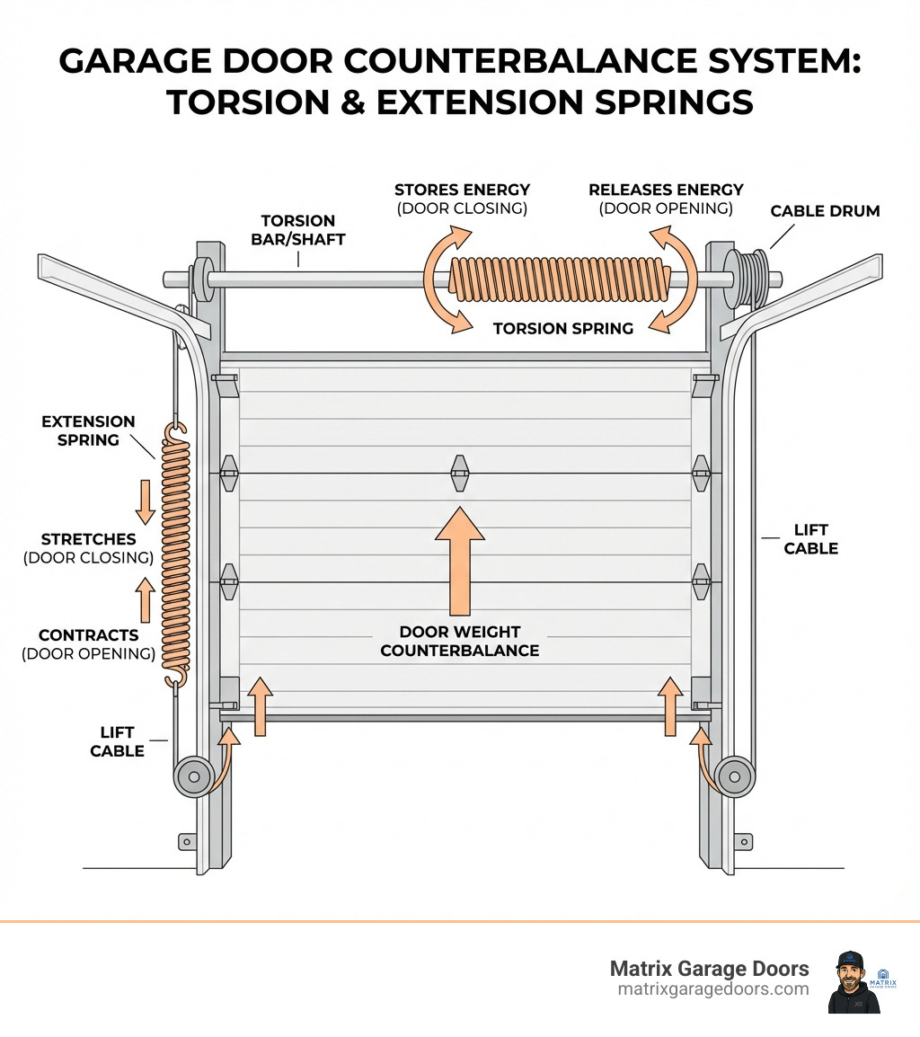 Infographic showing a garage door cross-section with labeled torsion spring mounted on a horizontal bar above the door, extension springs along the side tracks, lift cables connecting to drums, and arrows indicating how the springs counterbalance the door's weight during opening and closing - overhead door spring installation infographic 