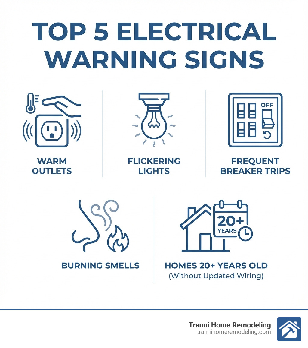 infographic showing top 5 warning signs you need an electrician: warm outlets, flickering lights, frequent breaker trips, burning smells, and homes over 20 years old without updated wiring - best electrician company near me infographic infographic showing top 5 warning signs you need an electrician: warm outlets, flickering lights, frequent breaker trips, burning smells, and homes over 20 years old without updated wiring - best electrician company near me infographic