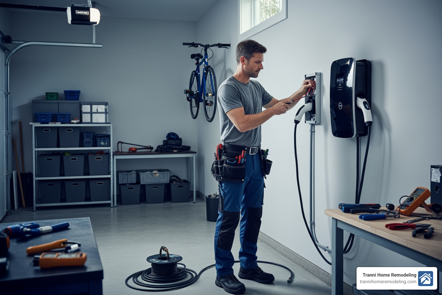 electrician installing an EV charger in a residential garage - best electrician company near me electrician installing an EV charger in a residential garage - best electrician company near me