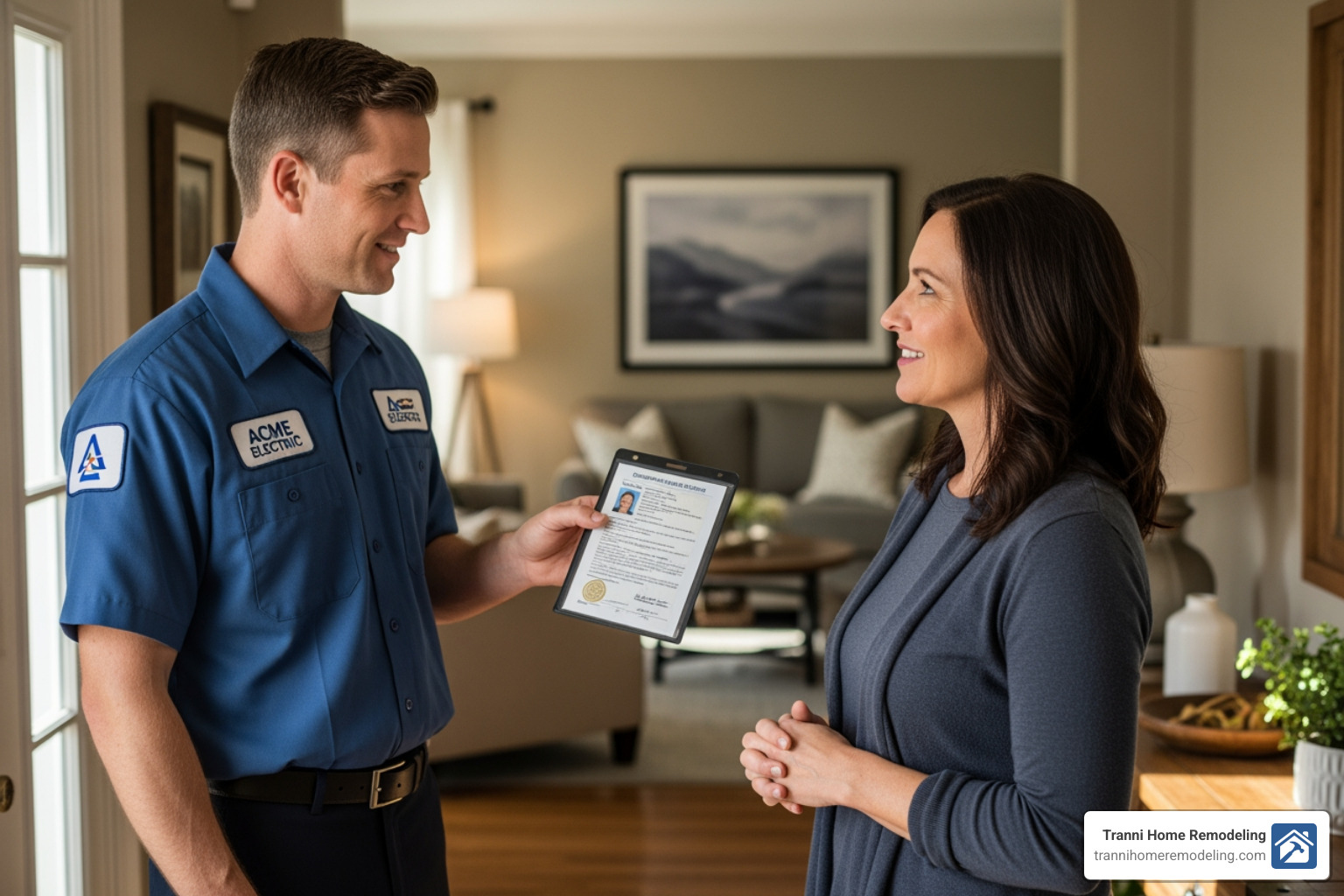 electrician showing a license or certification to a homeowner - best electrician company near me electrician showing a license or certification to a homeowner - best electrician company near me