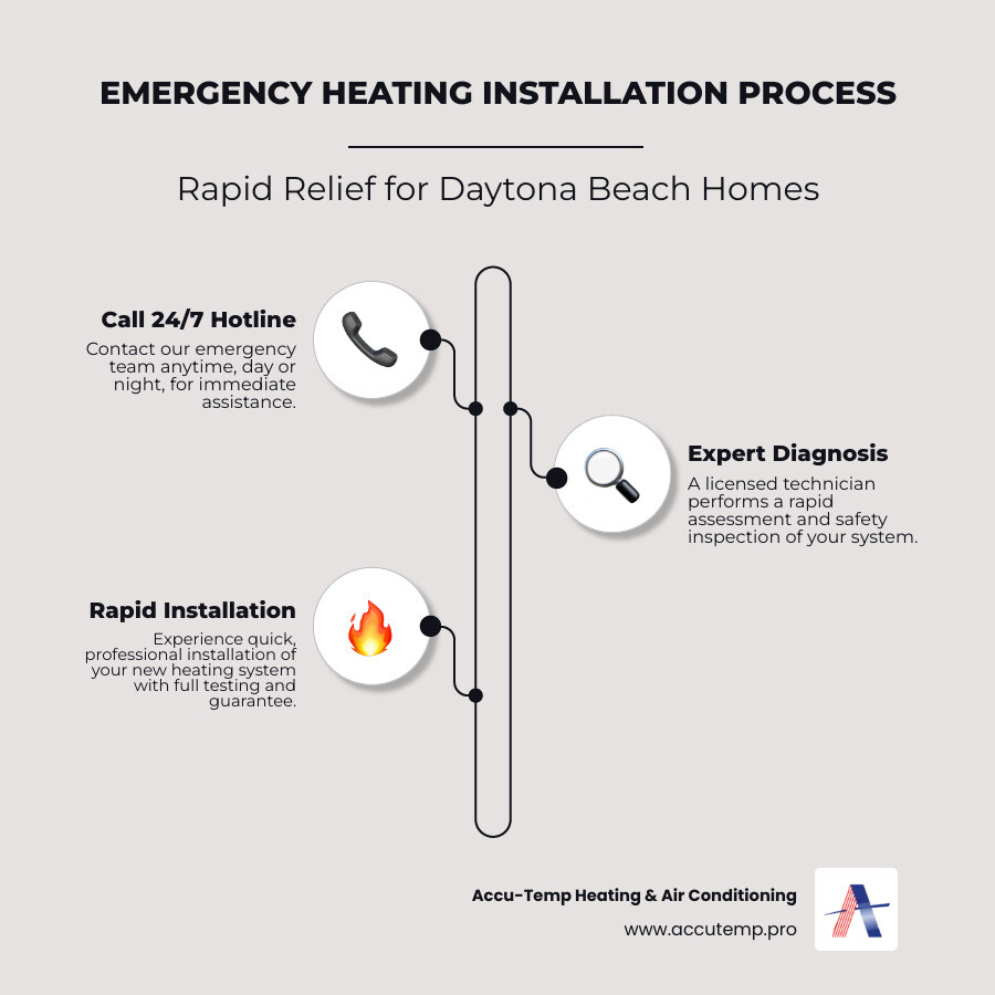 Infographic showing emergency heating installation process: Step 1 - Call 24/7 hotline and describe the emergency. Step 2 - Licensed technician arrives for expert diagnosis and safety inspection. Step 3 - Rapid professional installation with system testing and satisfaction guarantee - heating installation 24 hour in daytona beach, fl infographic infographic-line-3-steps-elegant_beige Infographic showing emergency heating installation process: Step 1 - Call 24/7 hotline and describe the emergency. Step 2 - Licensed technician arrives for expert diagnosis and safety inspection. Step 3 - Rapid professional installation with system testing and satisfaction guarantee - heating installation 24 hour in daytona beach, fl infographic infographic-line-3-steps-elegant_beige