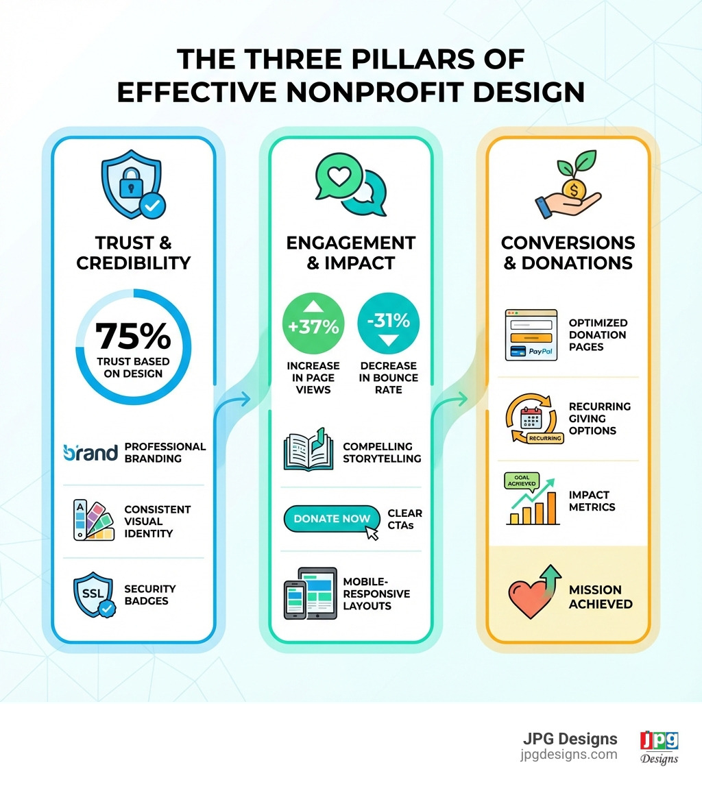Infographic showing three pillars of effective nonprofit design: Trust & Credibility (represented by professional branding, consistent visual identity, and security badges), Engagement & Impact (shown through compelling storytelling, clear CTAs, and mobile-responsive layouts), and Conversions & Donations (illustrated with optimized donation pages, recurring giving options, and impact metrics). Each pillar includes percentage improvements: 75% trust based on design, 37% increase in page views, and 31% decrease in bounce rate. - design for nonprofits infographic 