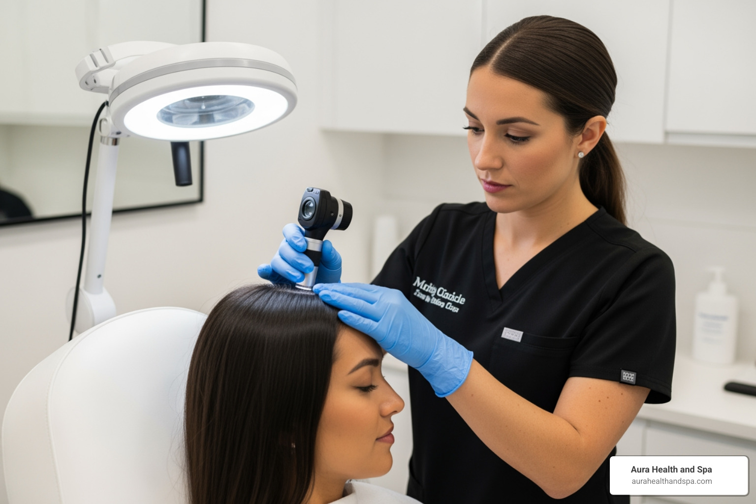 A licensed nurse performing a scalp analysis with a dermatoscope on a patient's scalp - hair balding solutions