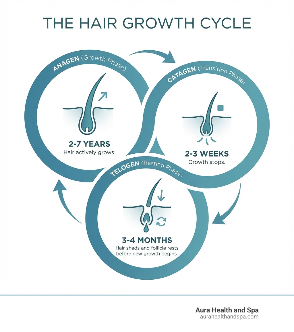 infographic showing the three phases of hair growth cycle: Anagen (growth phase, 2-7 years, hair actively grows), Catagen (transition phase, 2-3 weeks, growth stops), and Telogen (resting phase, 3-4 months, hair sheds and follicle rests before new growth begins) - hair balding solutions infographic 
