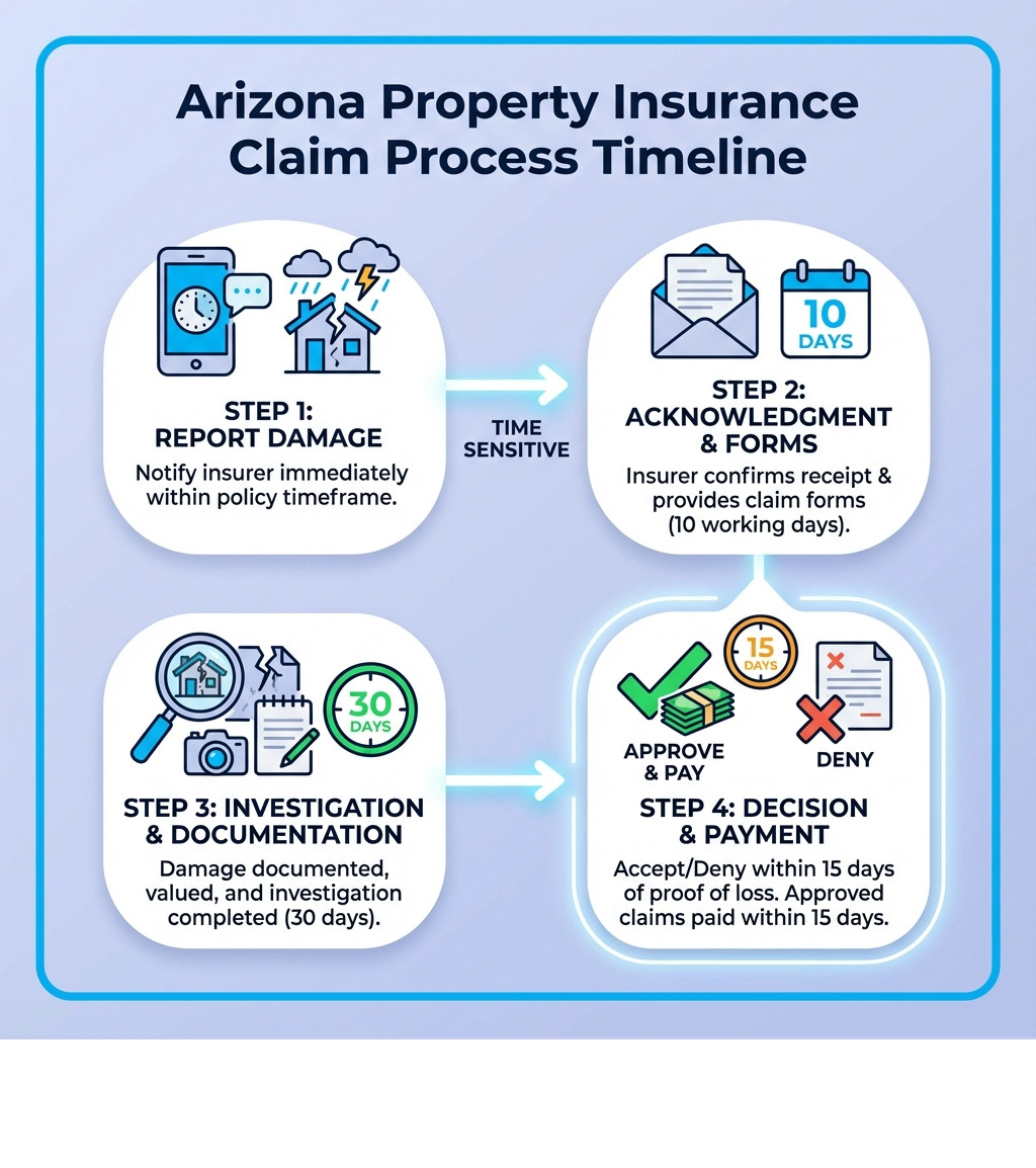 Infographic showing the Arizona property insurance claim process: Step 1 - Report damage to your insurer within policy timeframe; Step 2 - Insurer acknowledges claim within 10 working days and provides forms; Step 3 - Investigation completed within 30 days, damage documented and valued; Step 4 - Insurer accepts or denies claim within 15 days of receiving proof of loss, approved claims paid within 15 days - insurance claim help Arizona infographic Infographic showing the Arizona property insurance claim process: Step 1 - Report damage to your insurer within policy timeframe; Step 2 - Insurer acknowledges claim within 10 working days and provides forms; Step 3 - Investigation completed within 30 days, damage documented and valued; Step 4 - Insurer accepts or denies claim within 15 days of receiving proof of loss, approved claims paid within 15 days - insurance claim help Arizona infographic