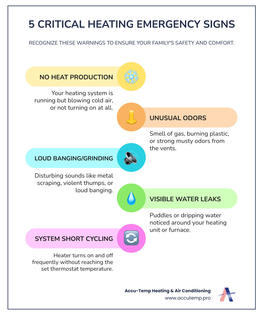 Infographic showing five critical warning signs of a heating emergency: no heat production, unusual burning or gas odors, loud banging or grinding noises, visible water leaks around the unit, and system repeatedly cycling on and off, with icons for each scenario and immediate action steps - heating maintenance emergency in palm coast, fl infographic infographic-line-5-steps-colors Infographic showing five critical warning signs of a heating emergency: no heat production, unusual burning or gas odors, loud banging or grinding noises, visible water leaks around the unit, and system repeatedly cycling on and off, with icons for each scenario and immediate action steps - heating maintenance emergency in palm coast, fl infographic infographic-line-5-steps-colors