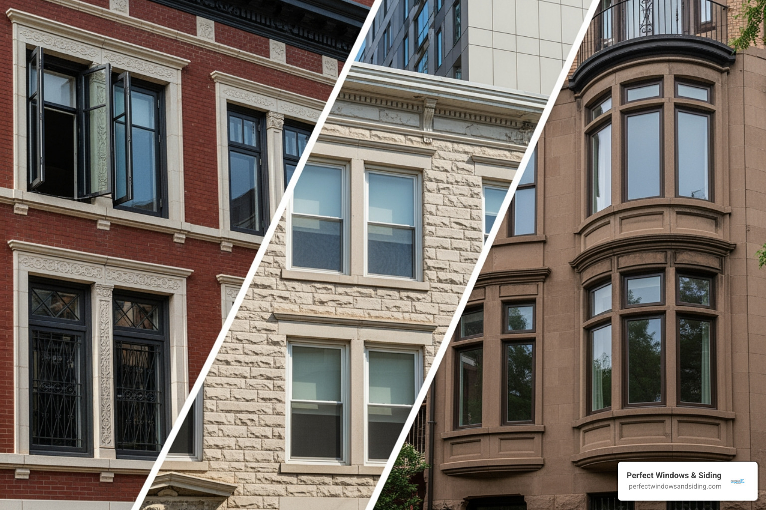 A collage showing casement, double-hung, and bay windows on Chicago-style homes - Chicago Window Companies