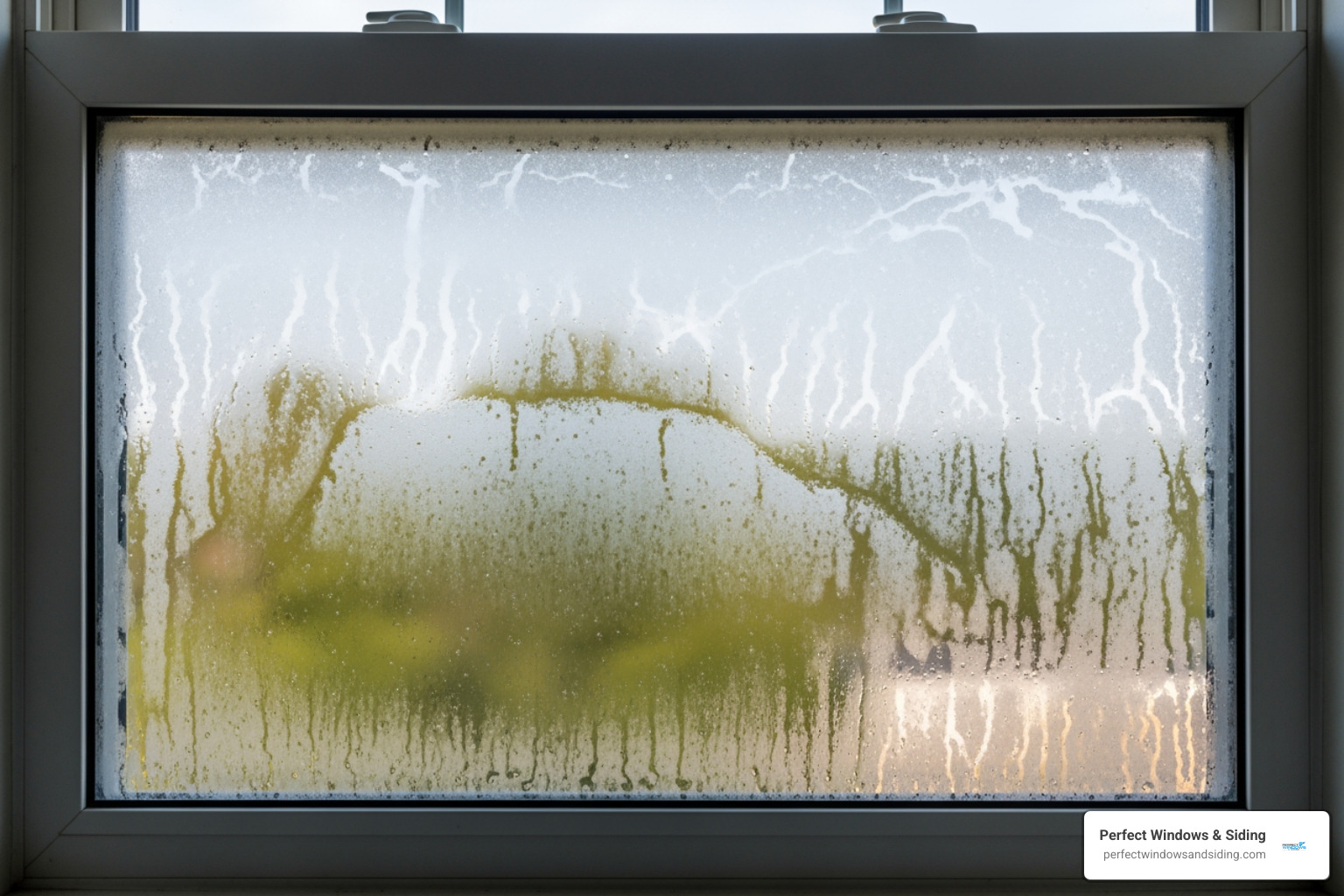 A window with condensation between the panes - Chicago Window Companies